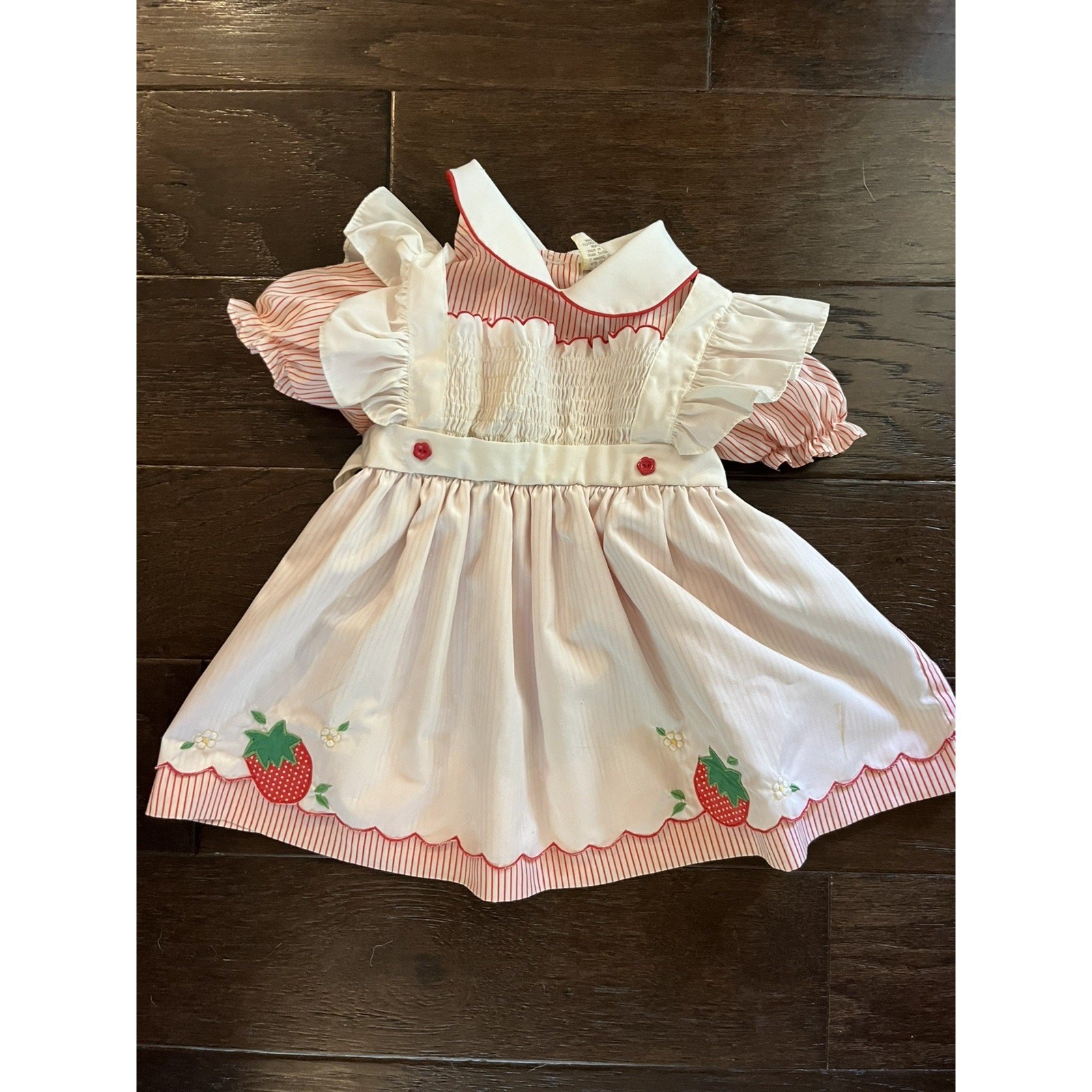 Vintage Baby Girl Dress 3-6 MO Strawberry Ruffles Faux Pinafore Red Stripes