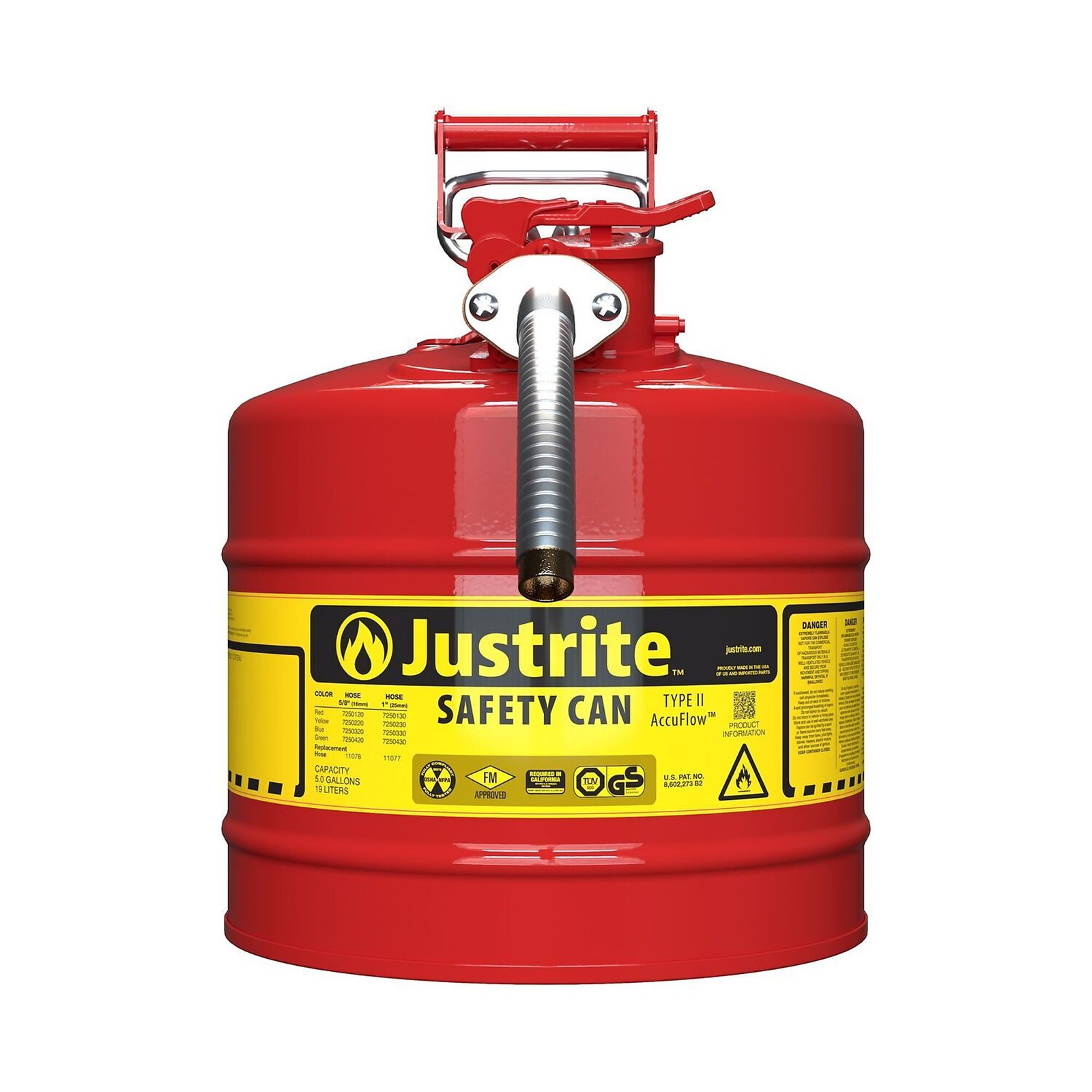 Justrite Safety Gas Can, 5-Gallon, Model# 7250130