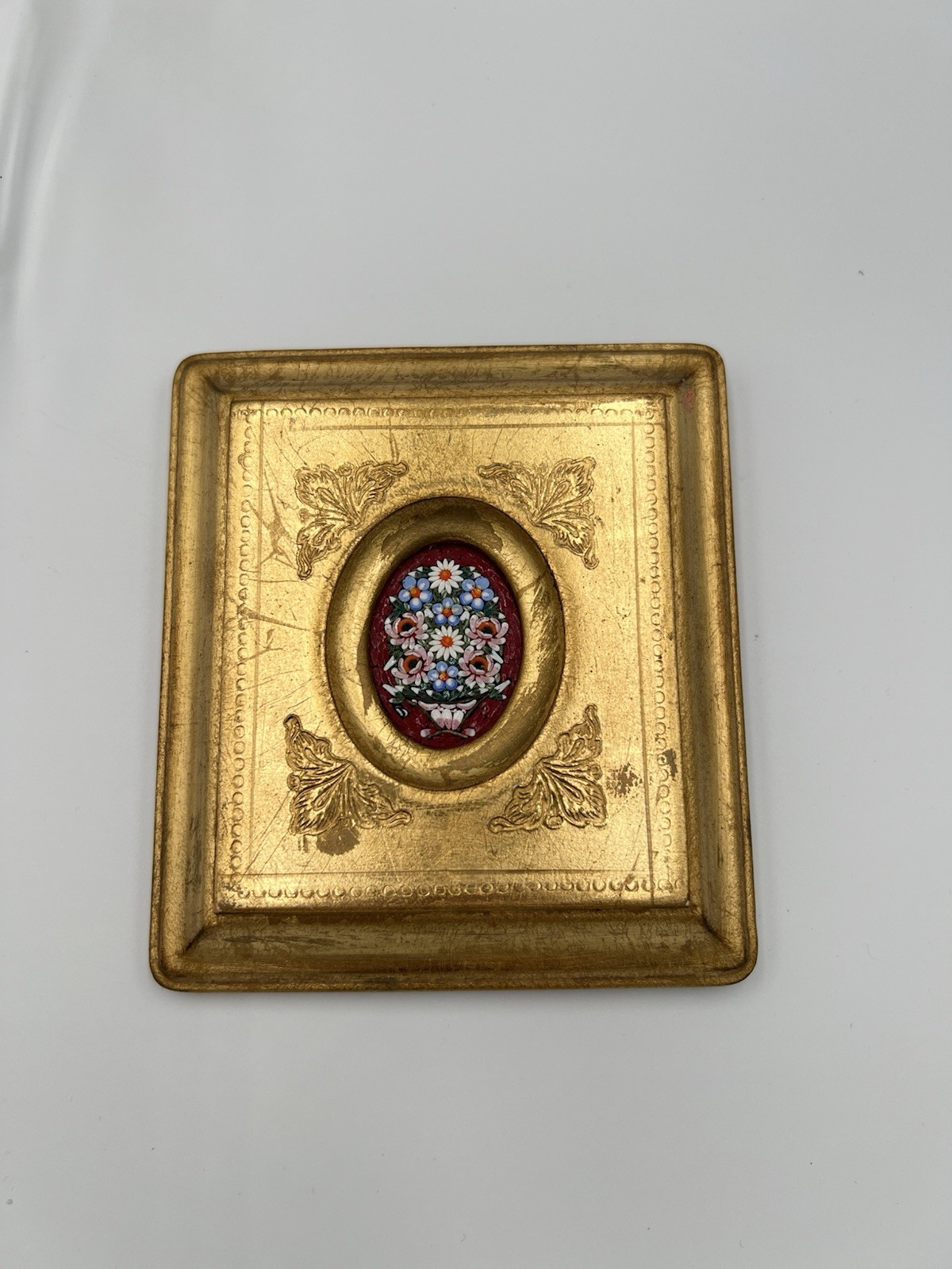 VTG Italian Spun Enamel Micro Mosaic Glass Flower Basket Gold Frame Wall Plaque
