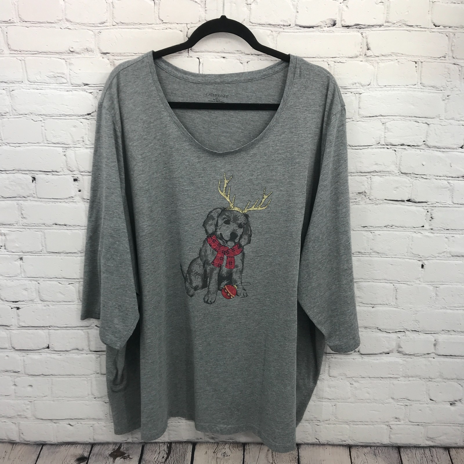 Catherines Top Womens 4X Gray Christmas Reindeer Dog Gifts Short Sleeve Blouse
