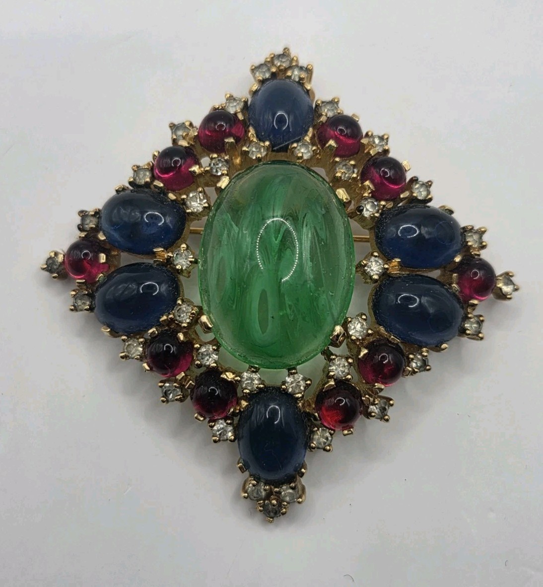 Jomaz Vintage Gold Tone Brooch Pin Faux Turquoise Jewels Poured Glass Rhinestone Jomaz Vintage Gold Tone Brooch Pin Faux Turquoise Jewels Poured Glass Rhinestone