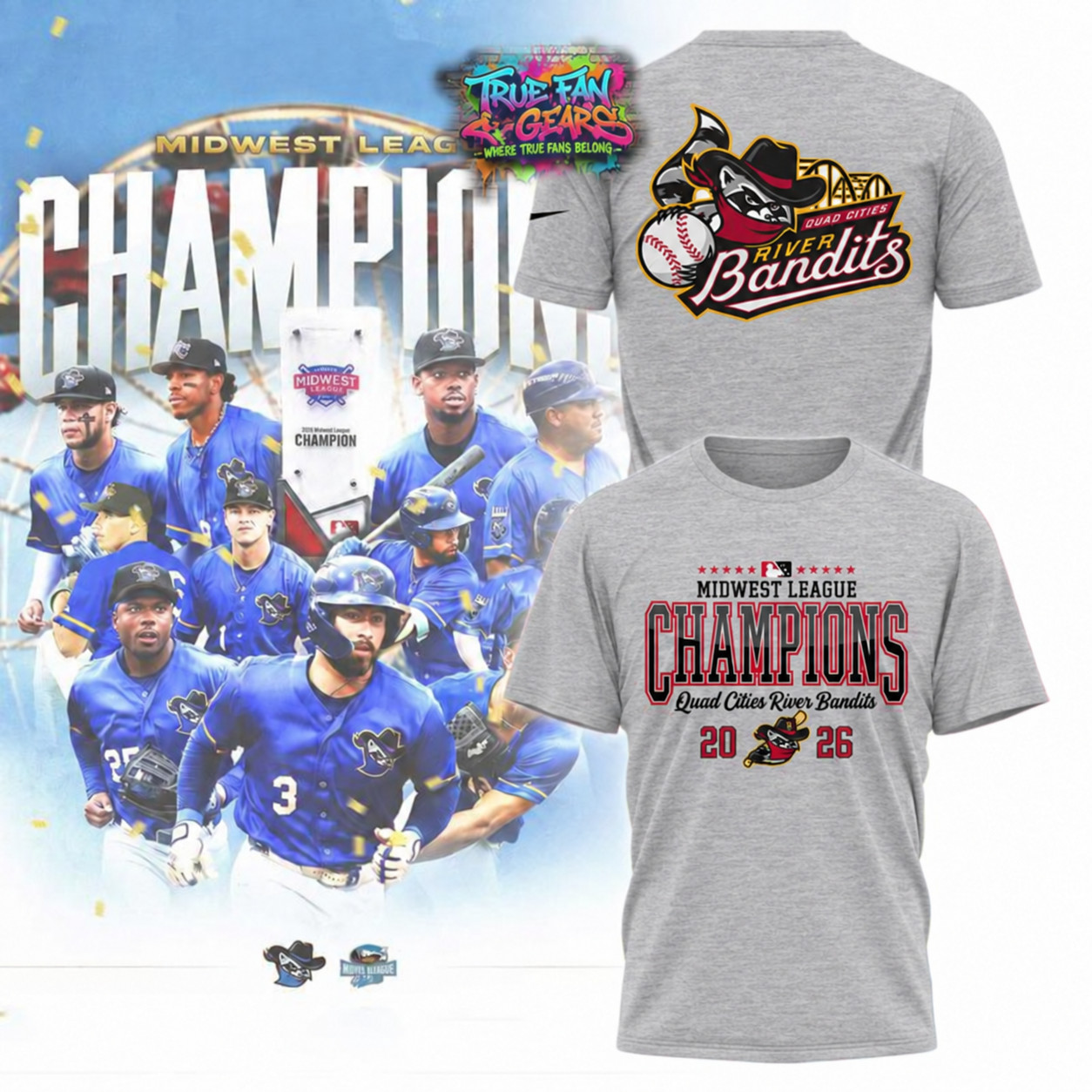HOT#Quad Cities River Bandits 2026 Midwest League Champions Gray Graphic T-Shirt