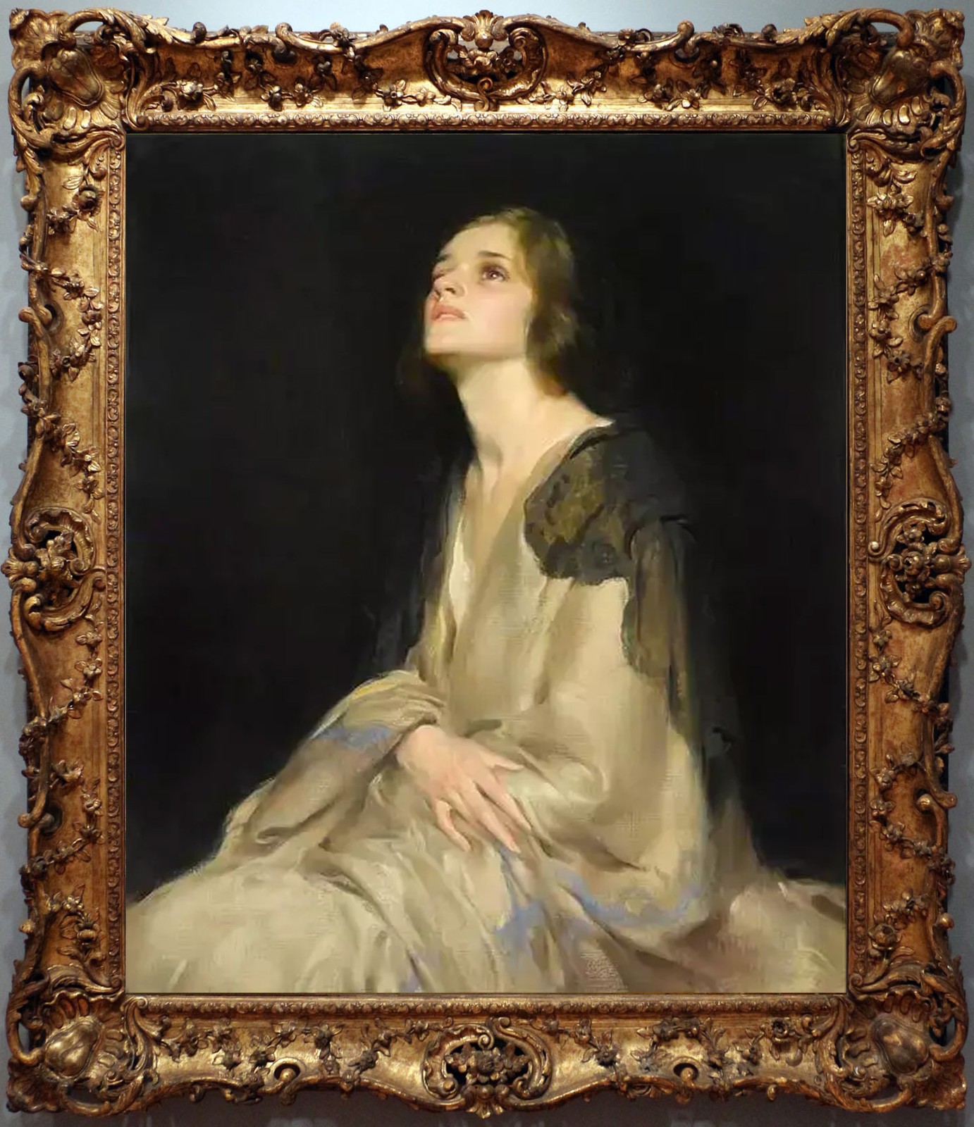 Vintage Oil Painting Young Woman Looking Up Dark Background Wall Art Vintage Oil Painting Young Woman Looking Up Dark Background Wall Art