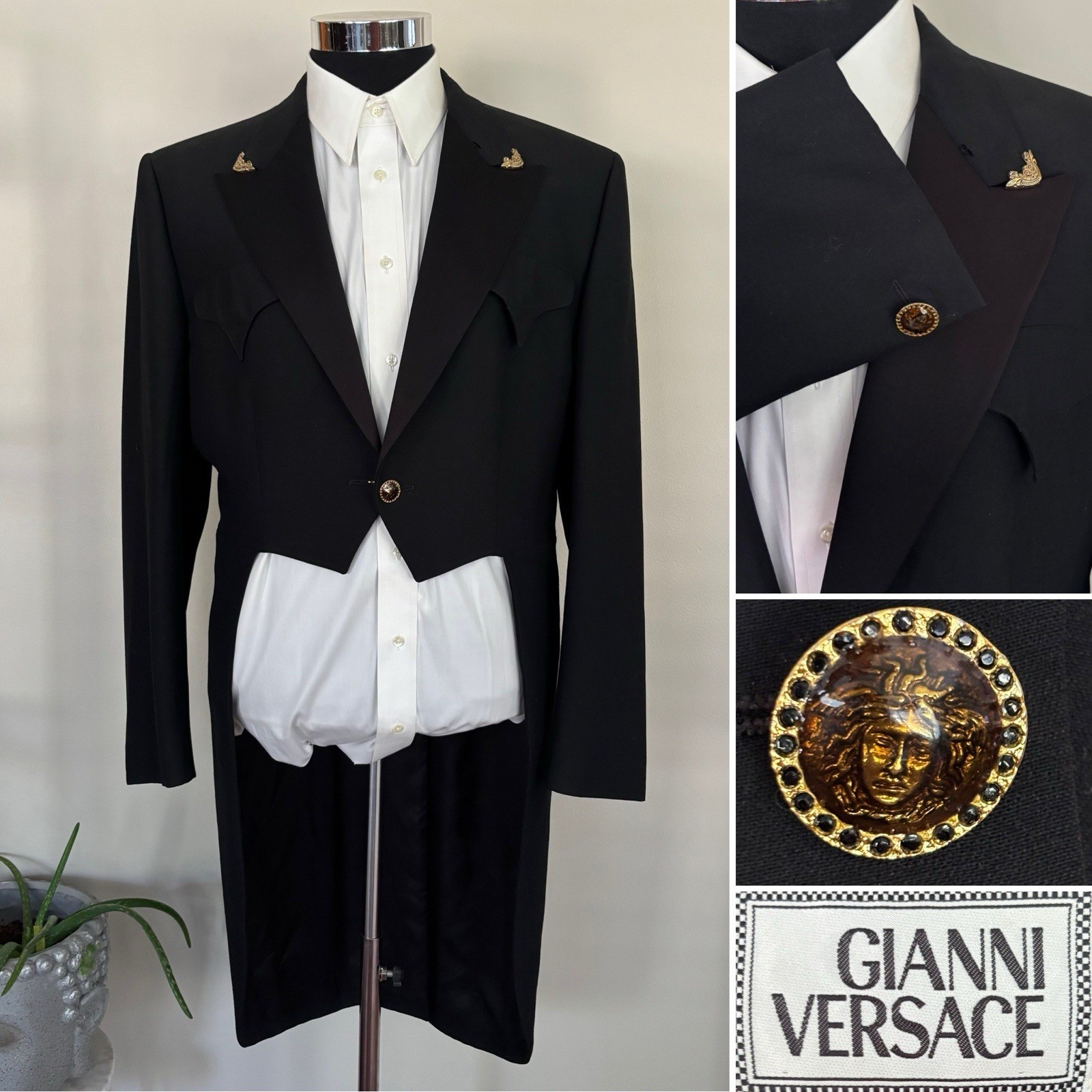 Vintage Gianni Versace Gold Medusa Buttons Black Wool Tuxedo Tailcoat 50 Italy