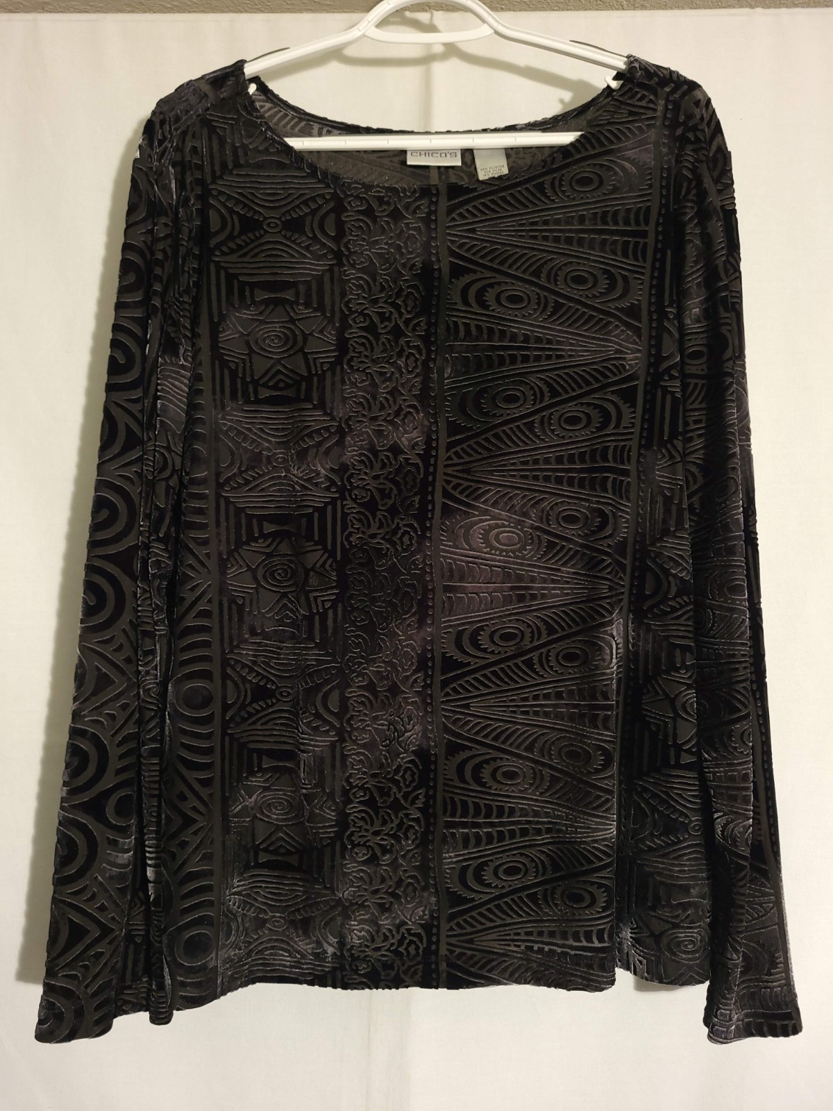 Chicos-Black Gray Geo Semi-Sheer Velvet Long Sleeve Round Neck Top-3 XL