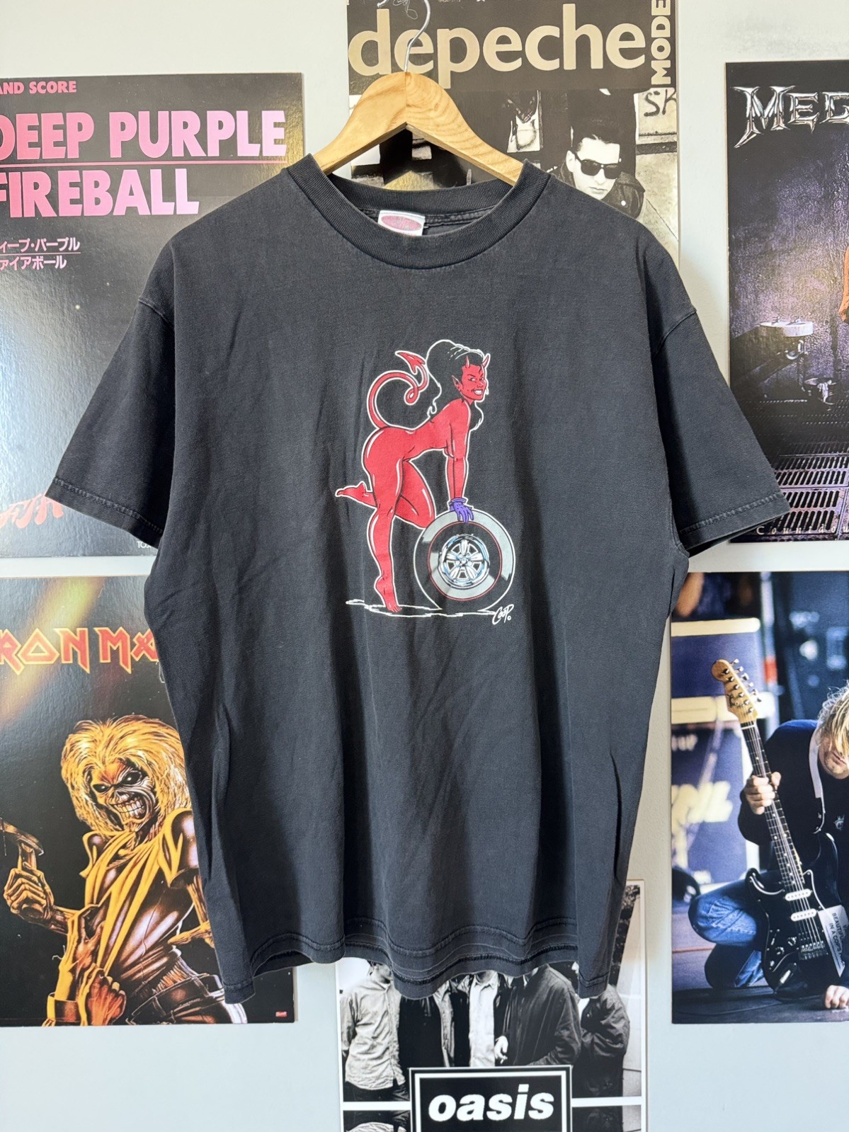 Vintage 90s Poster Pop by Coop Red Devil Girl T-Shirt Men\'s L Black Tire Wheel Vintage 90s Poster Pop by Coop Red Devil Girl T-Shirt Men\'s L Black Tire Wheel