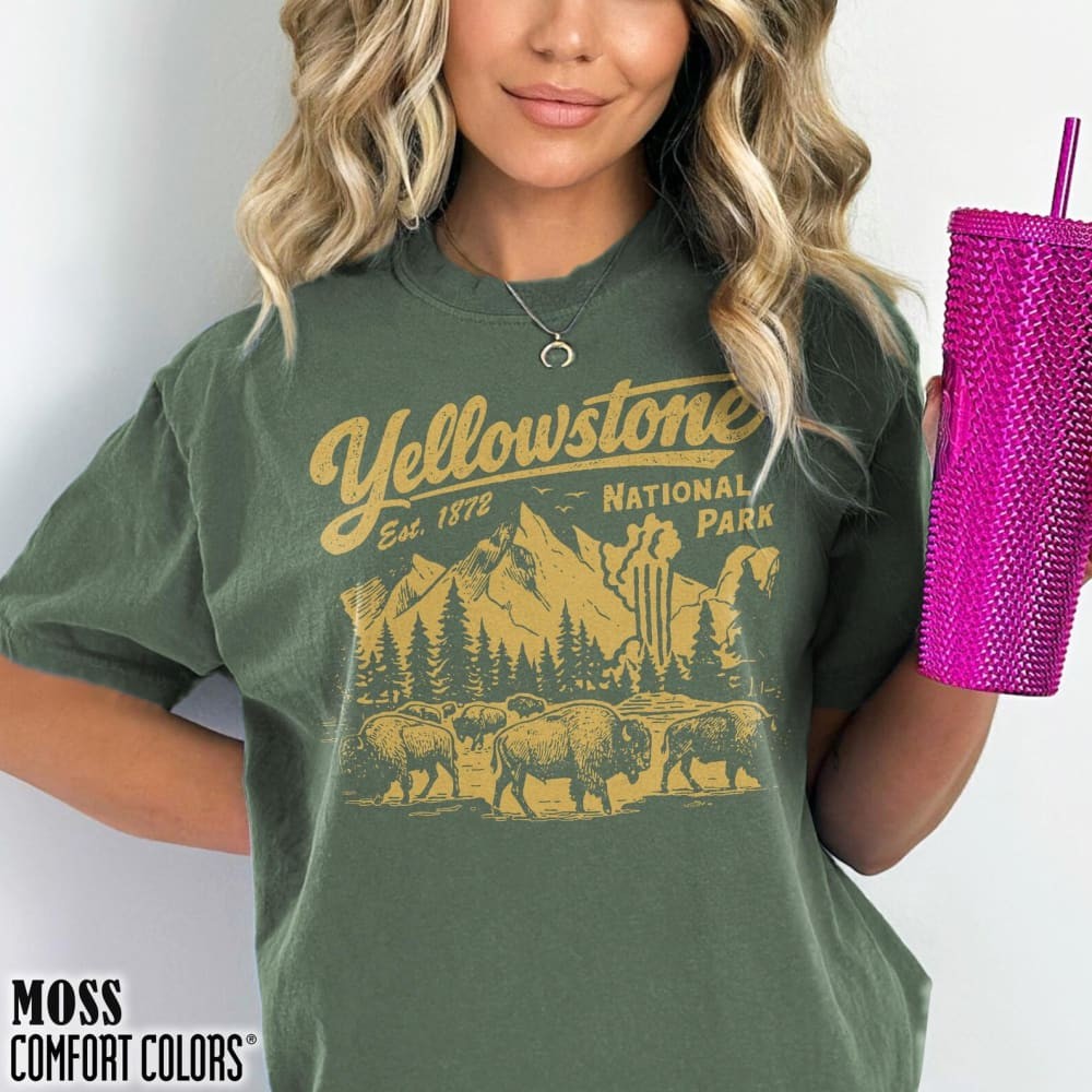 Sleeve Graphic Tee Womens & Mens , 100% Cotton Comfort, Yellowstone Park