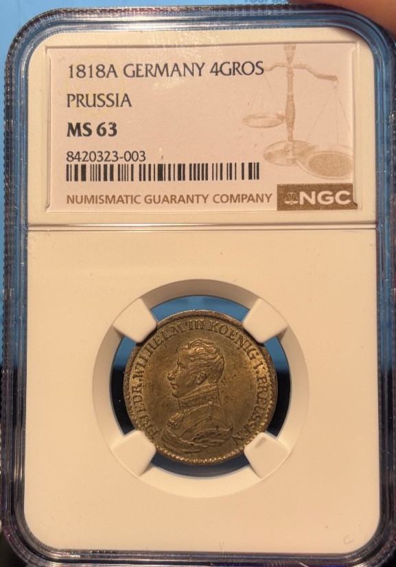 1818A  GERMANY  4 GROSCHEN  PRUSSIA NGC MS 63 POP 1    TOP POP  