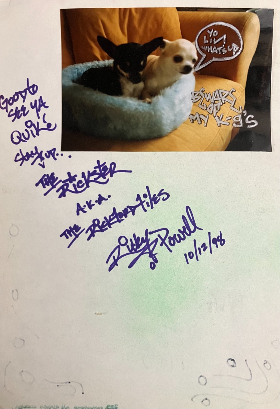 RICKY POWELL (us) (1961-2021) Message + Photo to Quik aka Lin Felton 1998