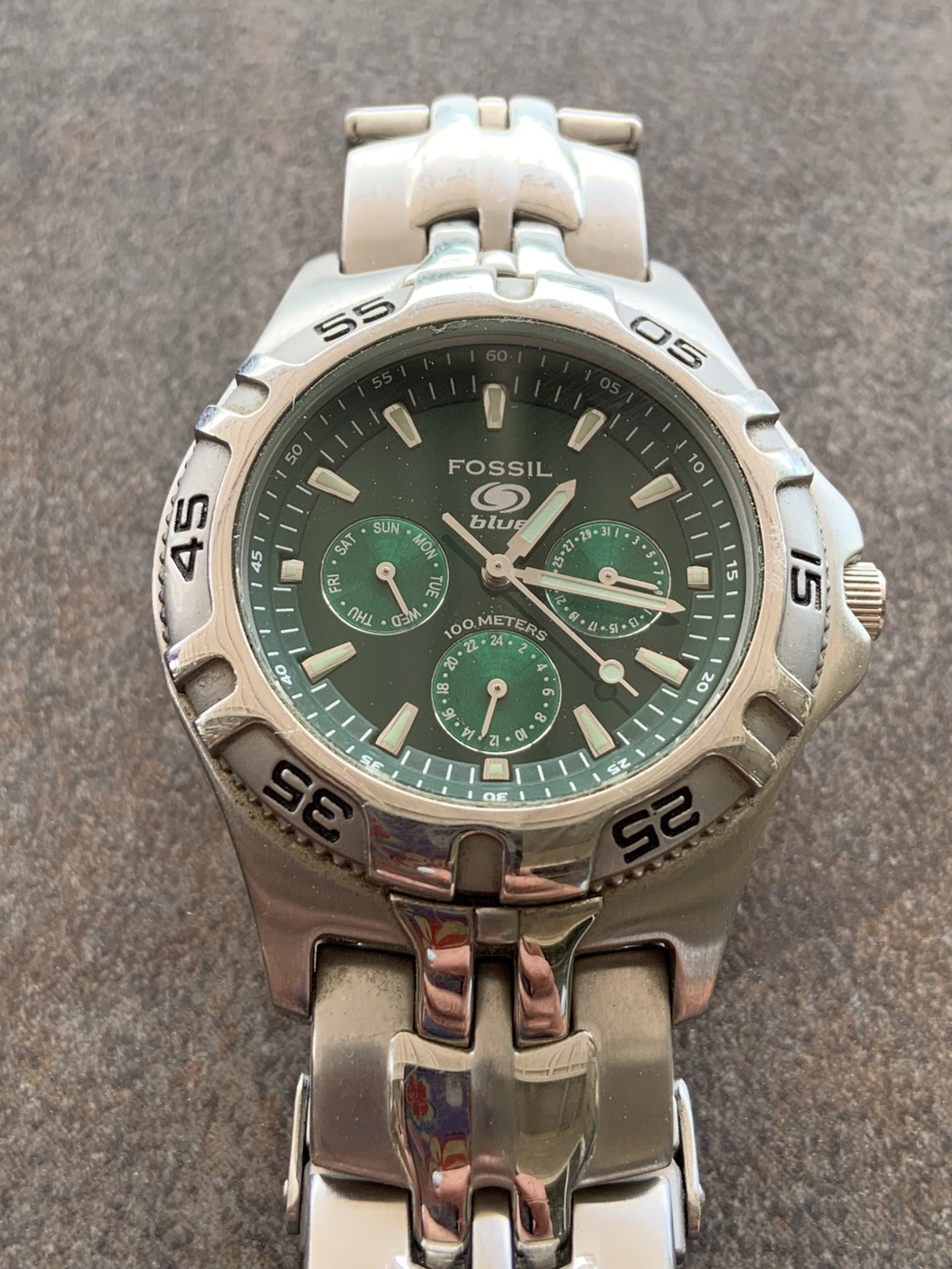 Fossil Blue Men\'s Green 3 Dial Stainless Steel Watch New Battery Box Xtra Link