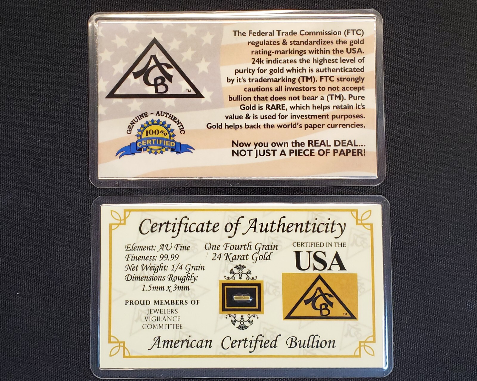 GOLD ACB 1/4GRAIN 24K SOLID BULLION MINTED BAR 9999 FINE CERT/AUTHENTICITY`
