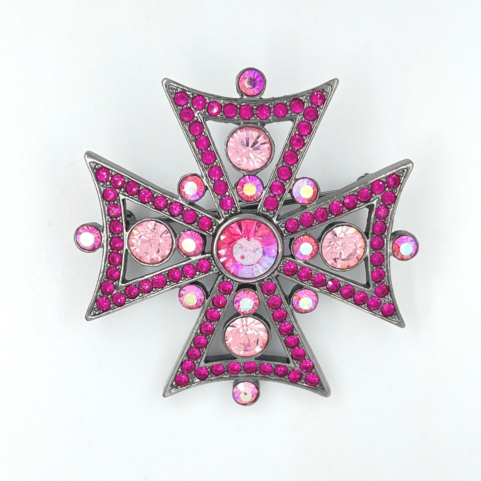Vintage GIVENCHY Maltese Cross Brooch Pink Rhinestone Gunmetal Signed Pin