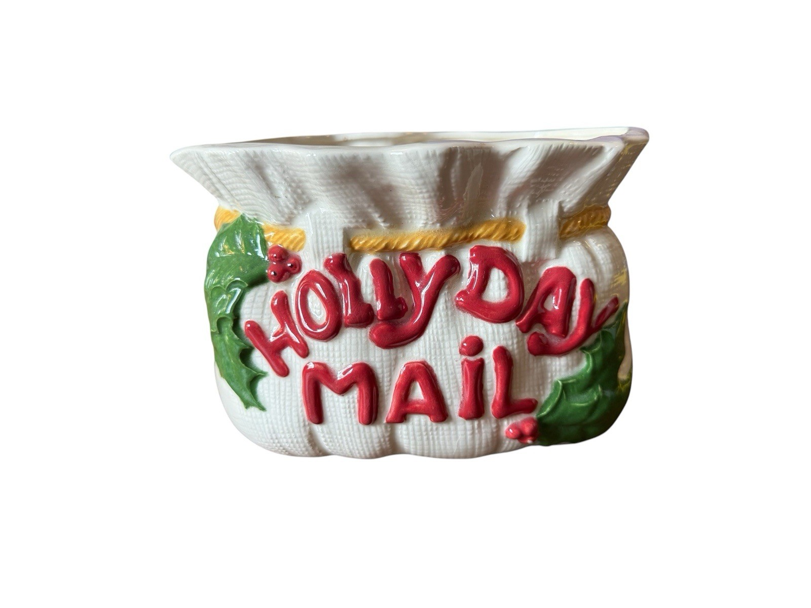 Vintage Ceramic Christmas Card Holder Holly Day Mail Santa Sack Basket Planter Vintage Ceramic Christmas Card Holder Holly Day Mail Santa Sack Basket Planter