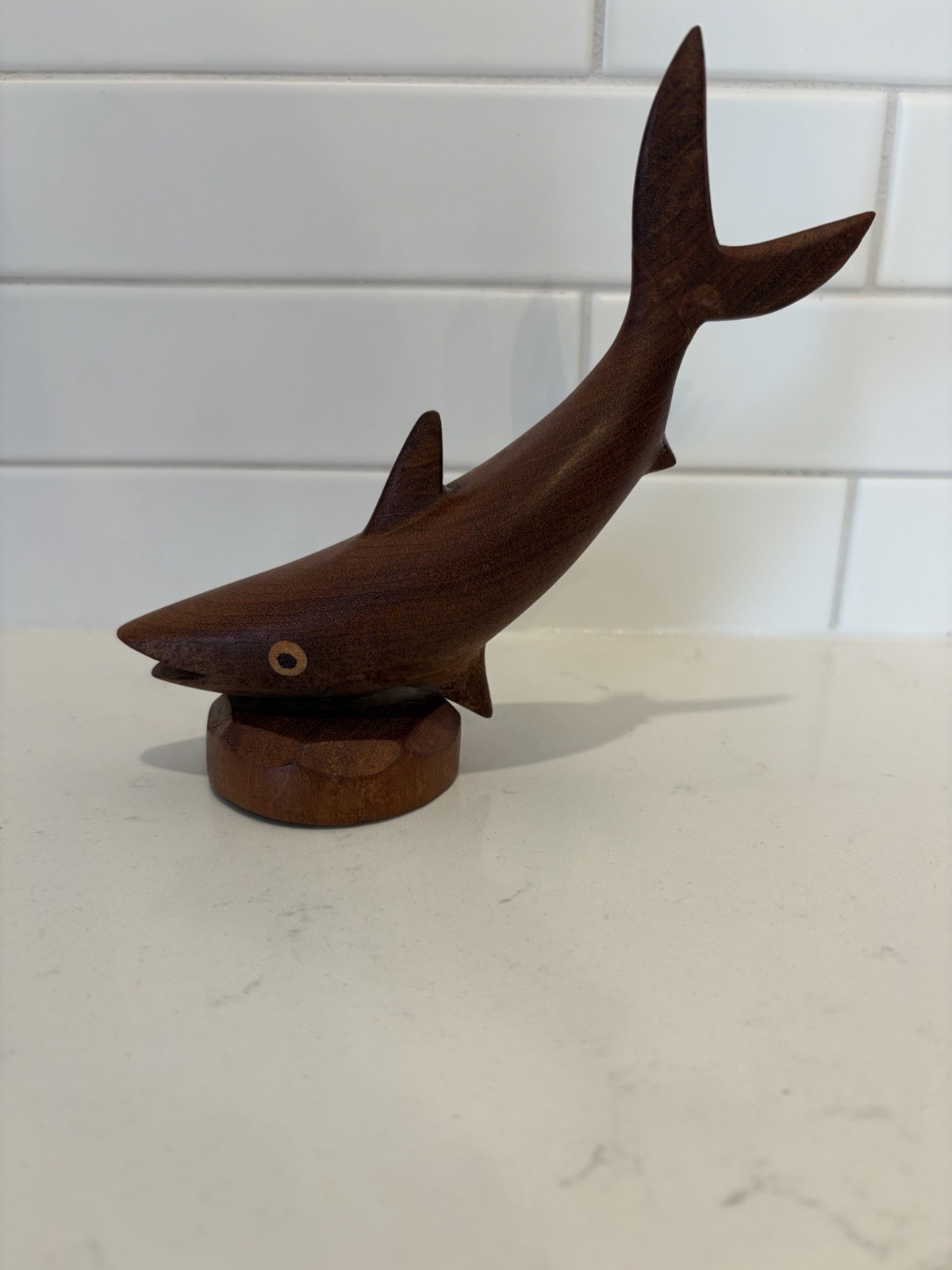 Vintage Hand Carved Wood Shark Sculpture On Round Base