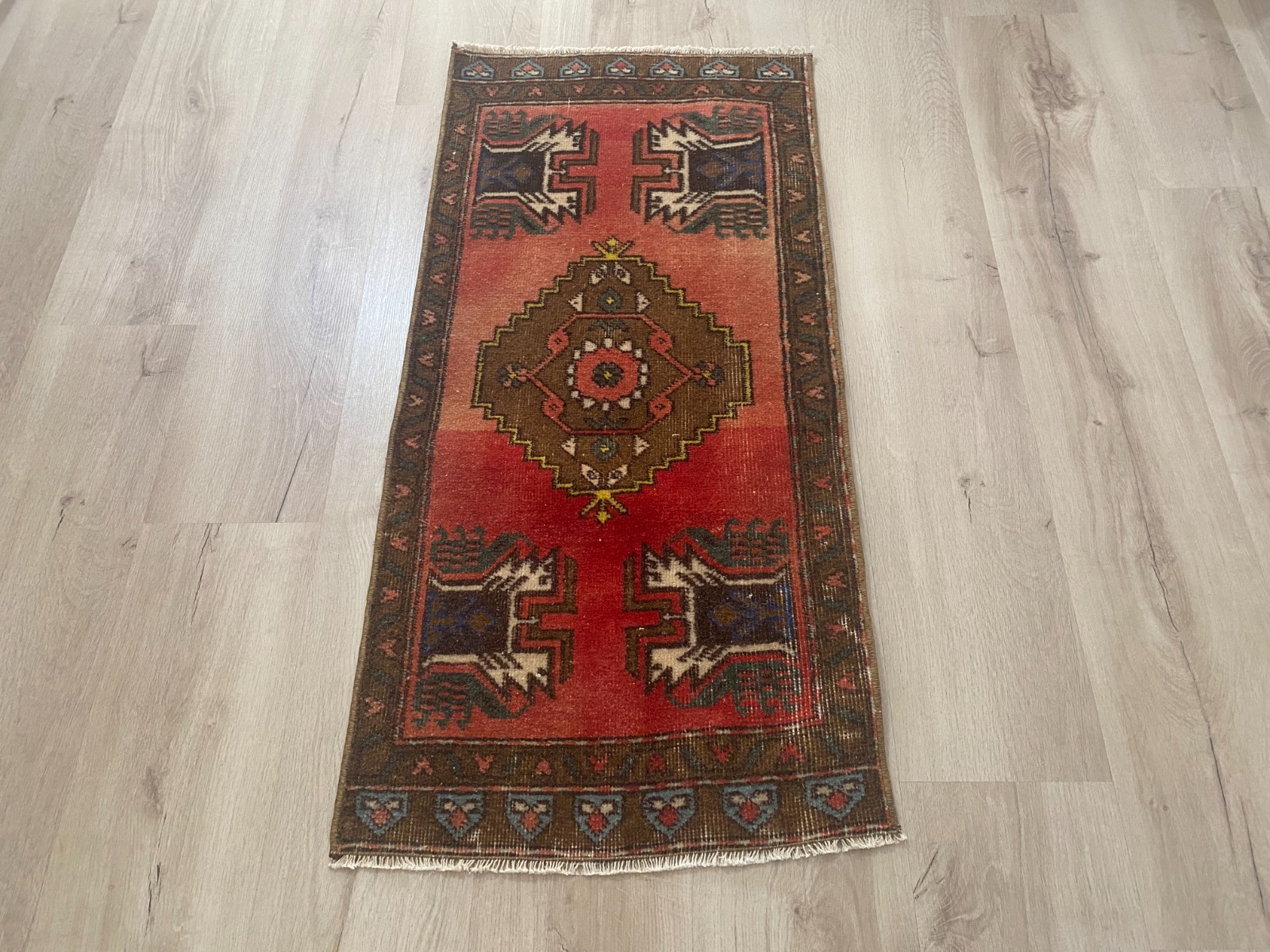 Vintage Turkish Tribal Runner Rug Handmade Coral Wool Hall Carpet 1.7x3.5 Ft