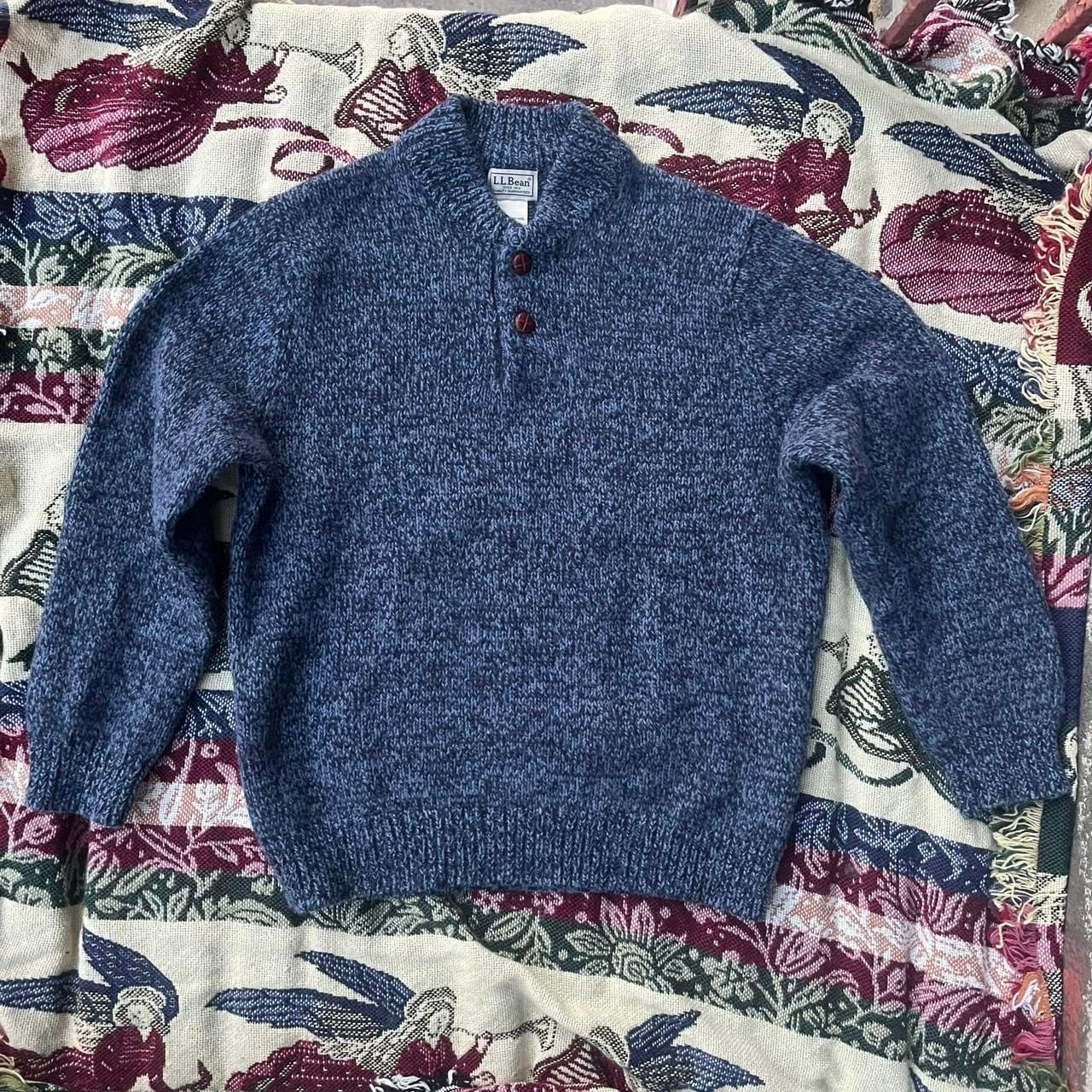 L.L.Bean Lambswool Knit Henley Sweater Large Blue 90s