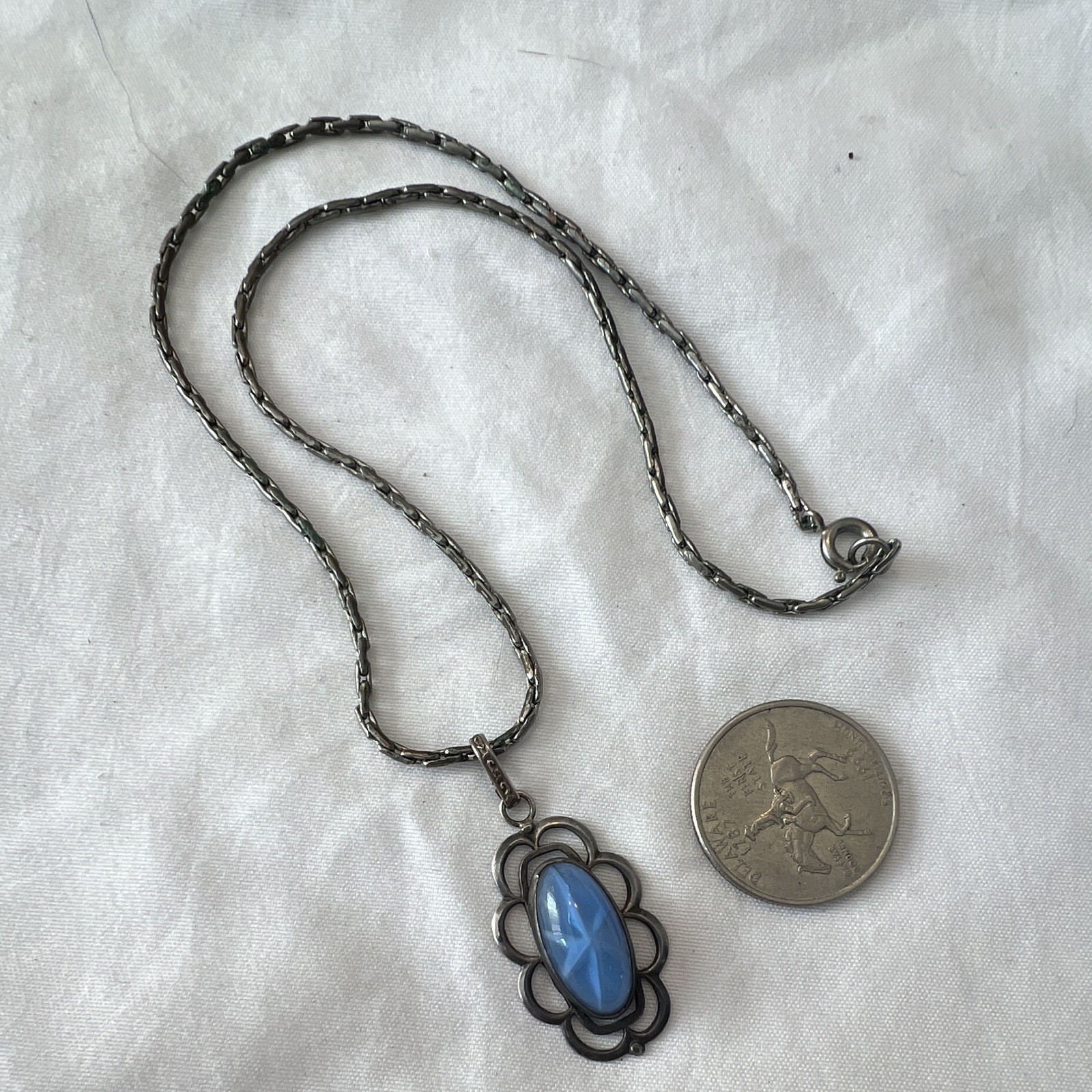 Vintage 925 Sterling Silver Faux Star Sapphire Blue Glass Pendant Book Chain Vintage 925 Sterling Silver Faux Star Sapphire Blue Glass Pendant Book Chain