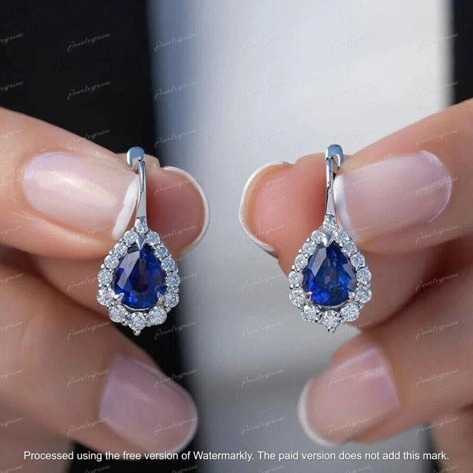 3.53 Ct Pear Cut Blue Sapphire Earring Wedding Earrings 14K White Gold