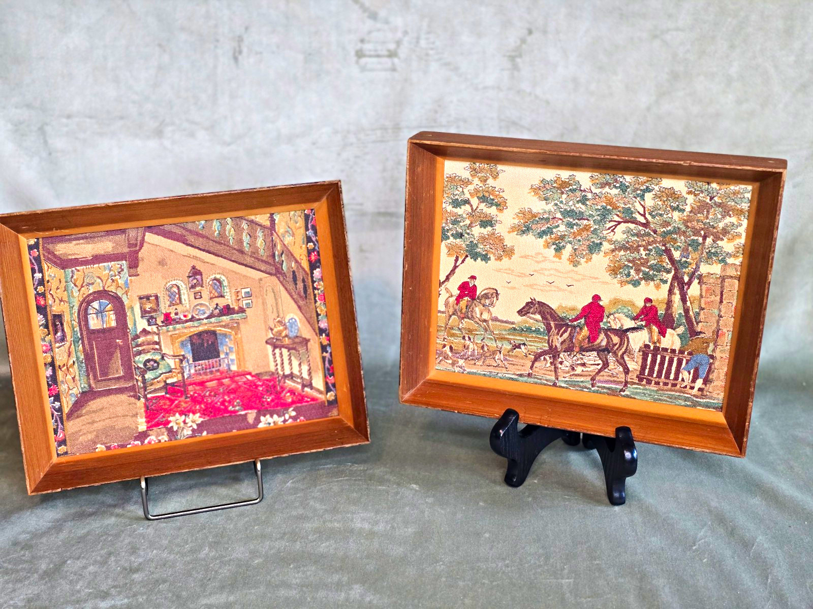 Vintage Framed Textile Art Pair Fox Hunt Equestrian English Country 8x10
