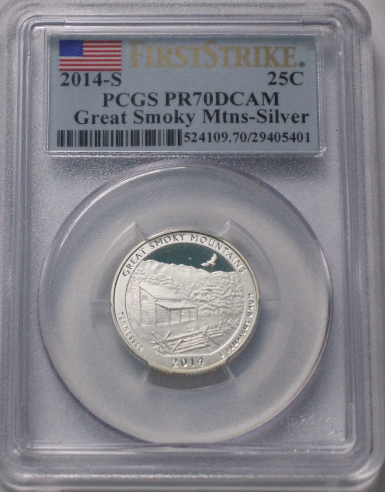 2014 S $.25 Great Smoky Mtn Silver PR70DCAM PCGS First Strike Flag Label