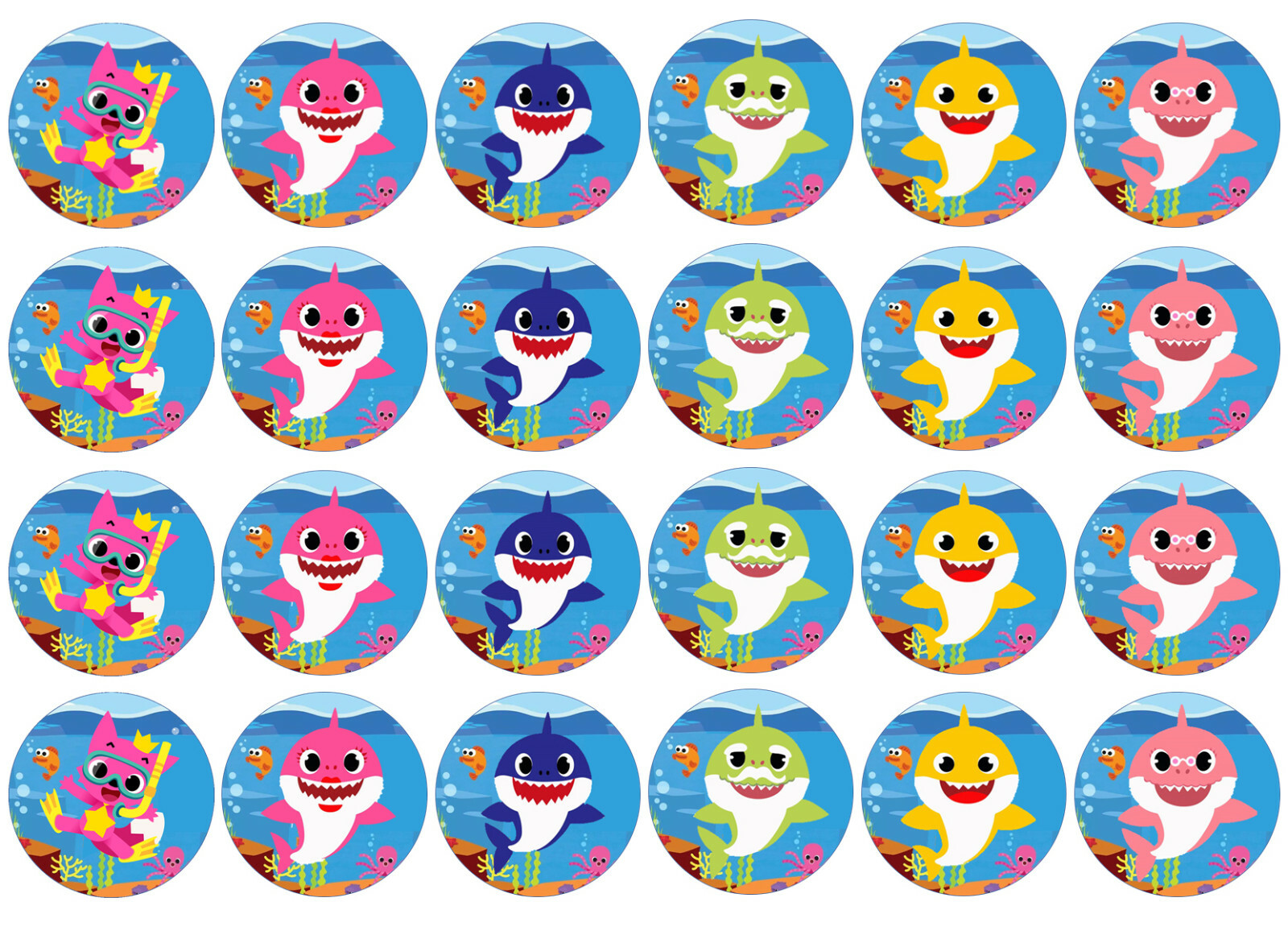 24x EDIBLE Baby Sharks Circle Cupcake Cookie Toppers Wafer Paper Sheet Uncut