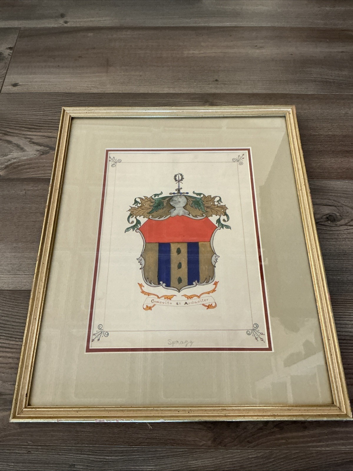 English Antique Hand Painted Spragg Family Crest Coat of Arms Crest Latin Motto