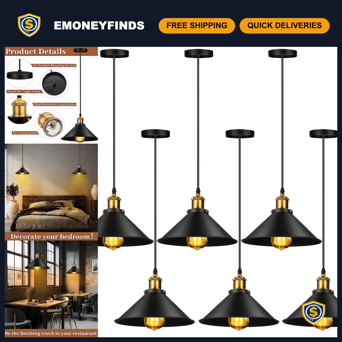 6 Pcs Vintage Industrial Pendant Light Fixtures, Metal E26 Base, Black Finish 6 Pcs Vintage Industrial Pendant Light Fixtures, Metal E26 Base, Black Finish