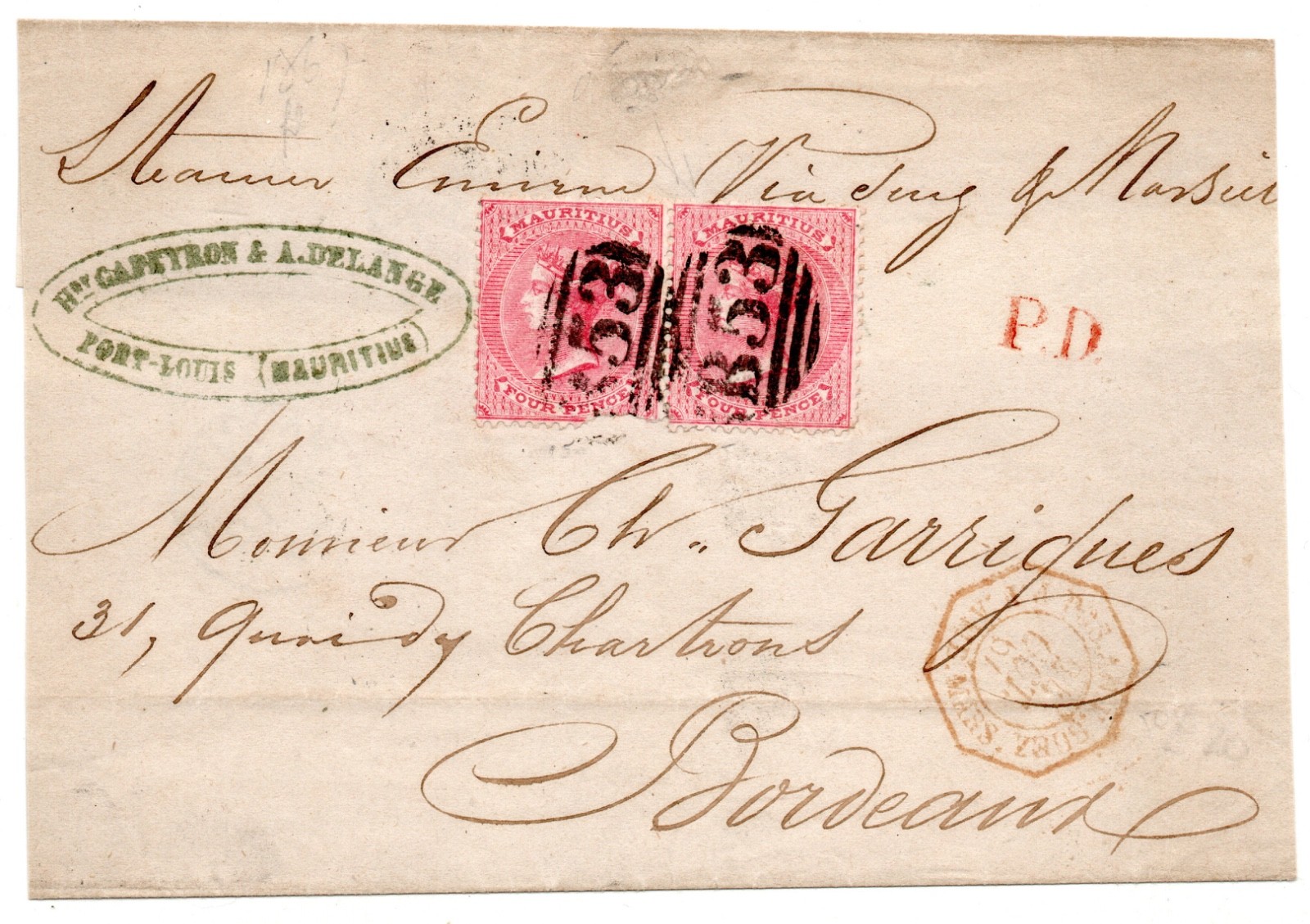 MAURITIUS 1867 COVER PAIR 4d RED STAMPS TO FRANCE Bordeaux MAURITIUS 1867 COVER PAIR 4d RED STAMPS TO FRANCE Bordeaux