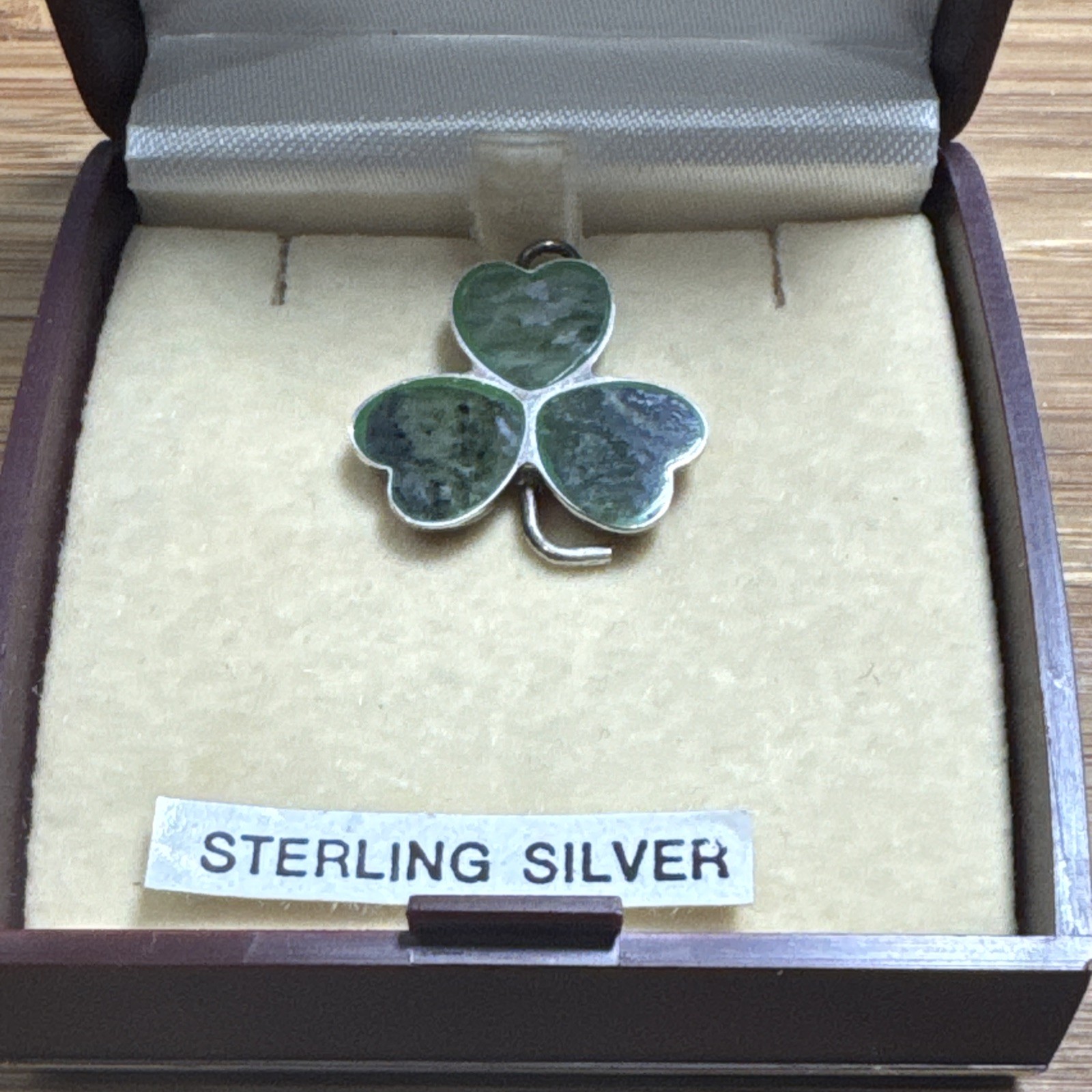 Vintage Connemara Marble Sterling Silver Shamrock Pendant Ireland Boxed