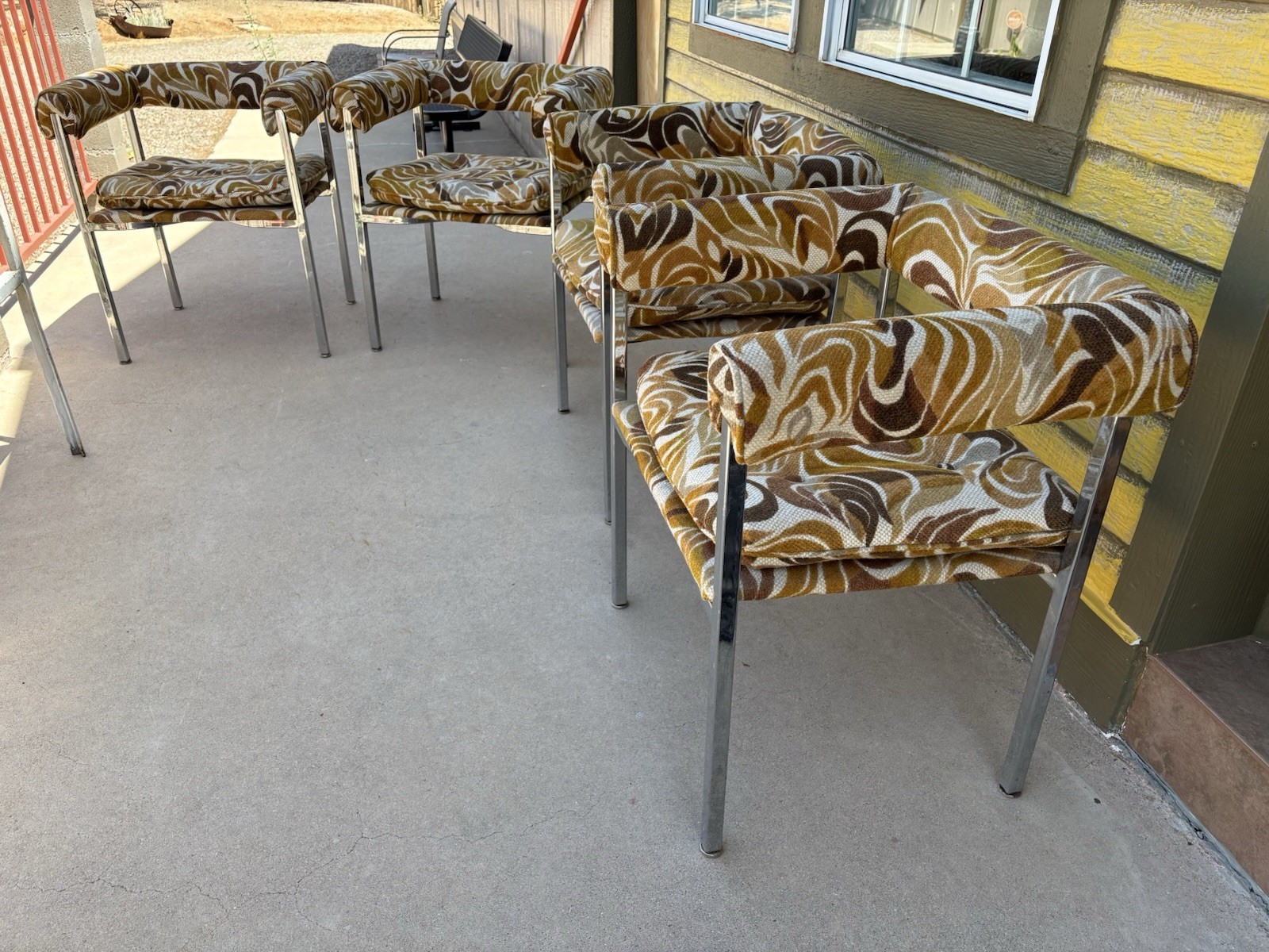 MCM Chrome, Wool Psychedelic Print Chairs Set Of 4 Great Condition $850 MCM Chrome, Wool Psychedelic Print Chairs Set Of 4 Great Condition $850