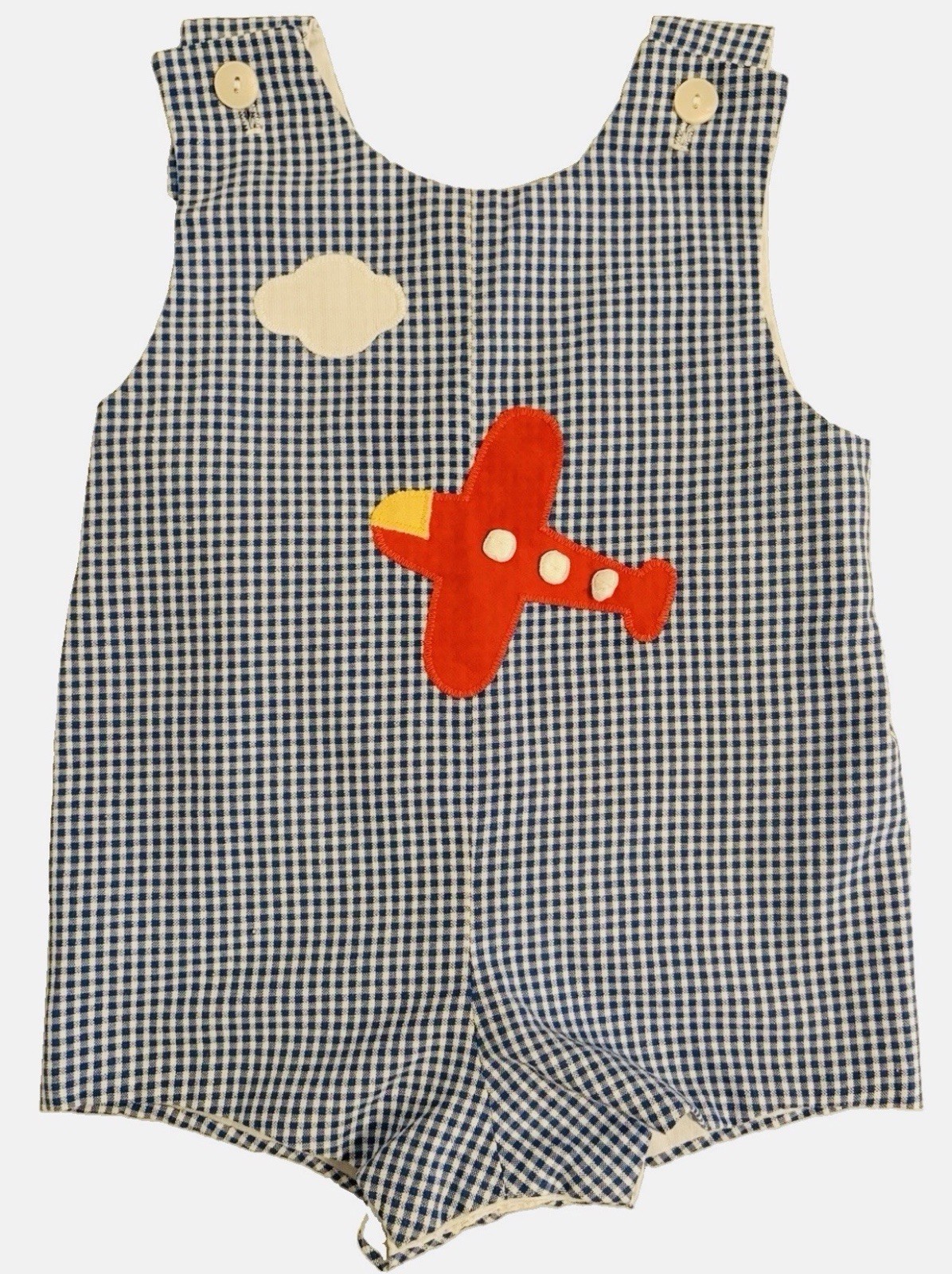 Boy’s 6 Months Romper Blue White Seersucker Jumper Red Airplane Appliqué Vintage