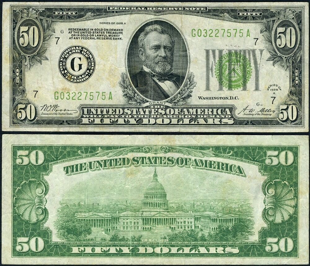 FR. 2101 G $50 1928-A Federal Reserve Note Chicago G-A Block LGS VF - Stain