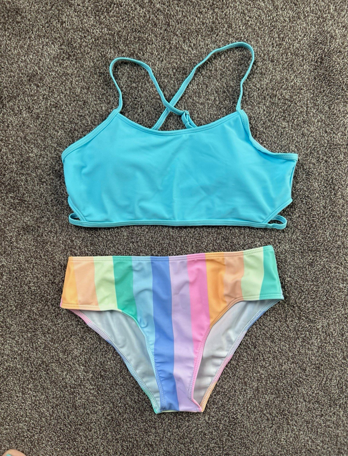 SheIn Girls 3-Piece Swim Set 11-12Y Blue Bralette Top Striped Bikini + Cover Up