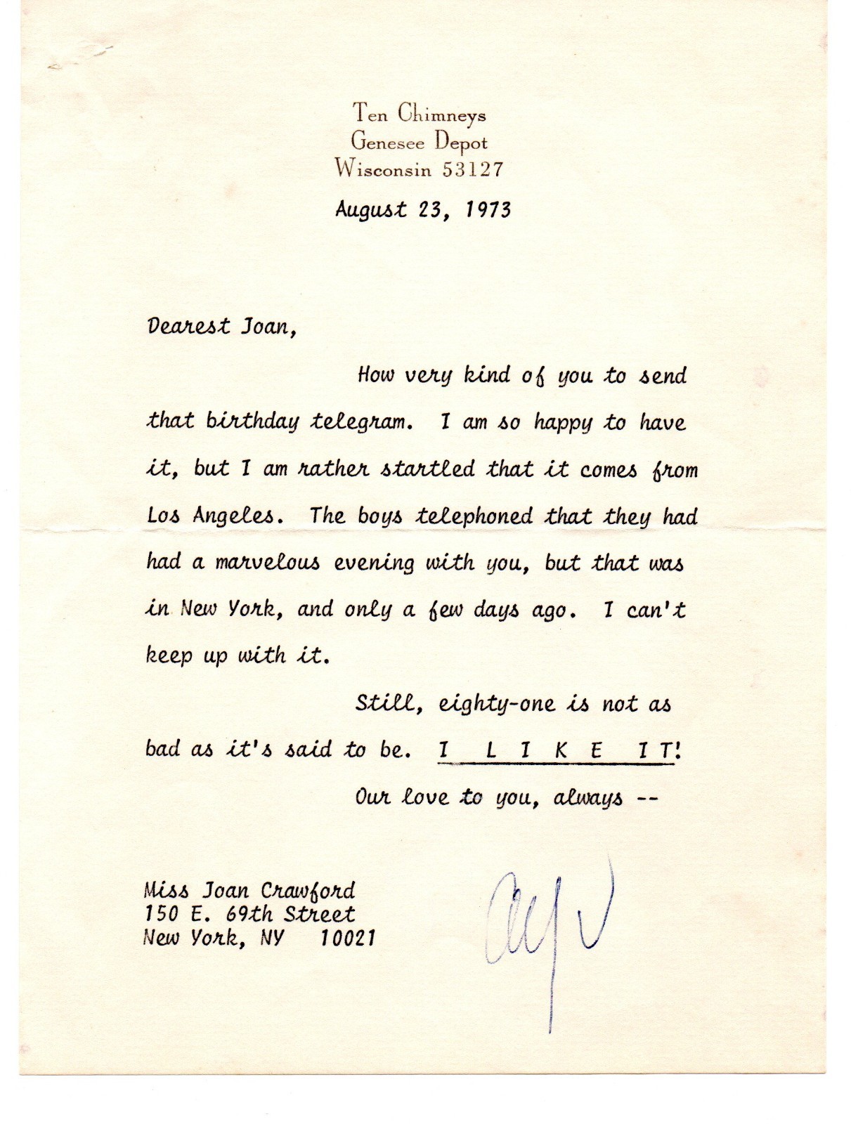 ALFRED LUNT signed letter to JOAN CRAWFORD COA telegram original vintage 1973