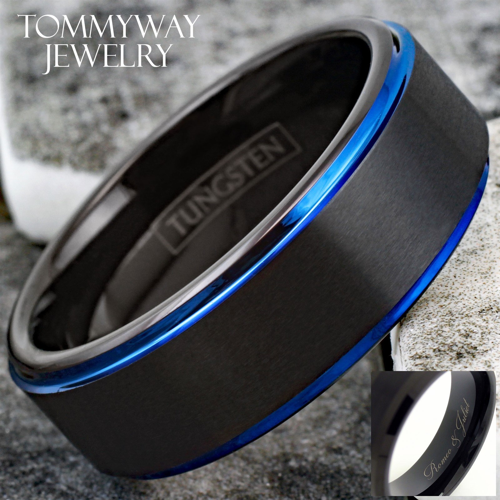 Custom Engraved 8mm Men\'s Tungsten Carbide Black & Blue Brushed Band Ring Custom Engraved 8mm Men\'s Tungsten Carbide Black & Blue Brushed Band Ring