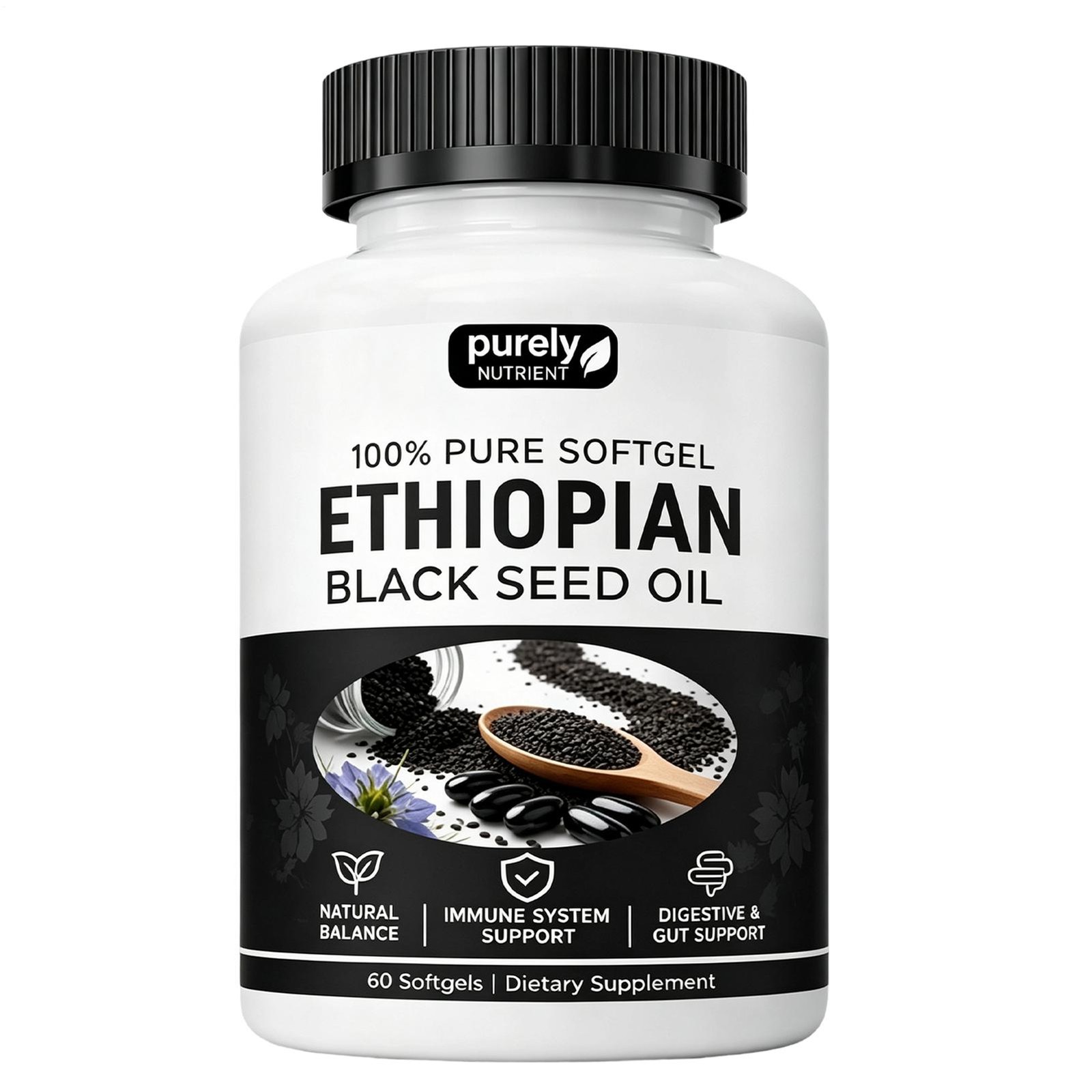 Purely Nutrient Ethiopian Black Seed Oil Capsules 4.64% Thymoquinone 60 Count