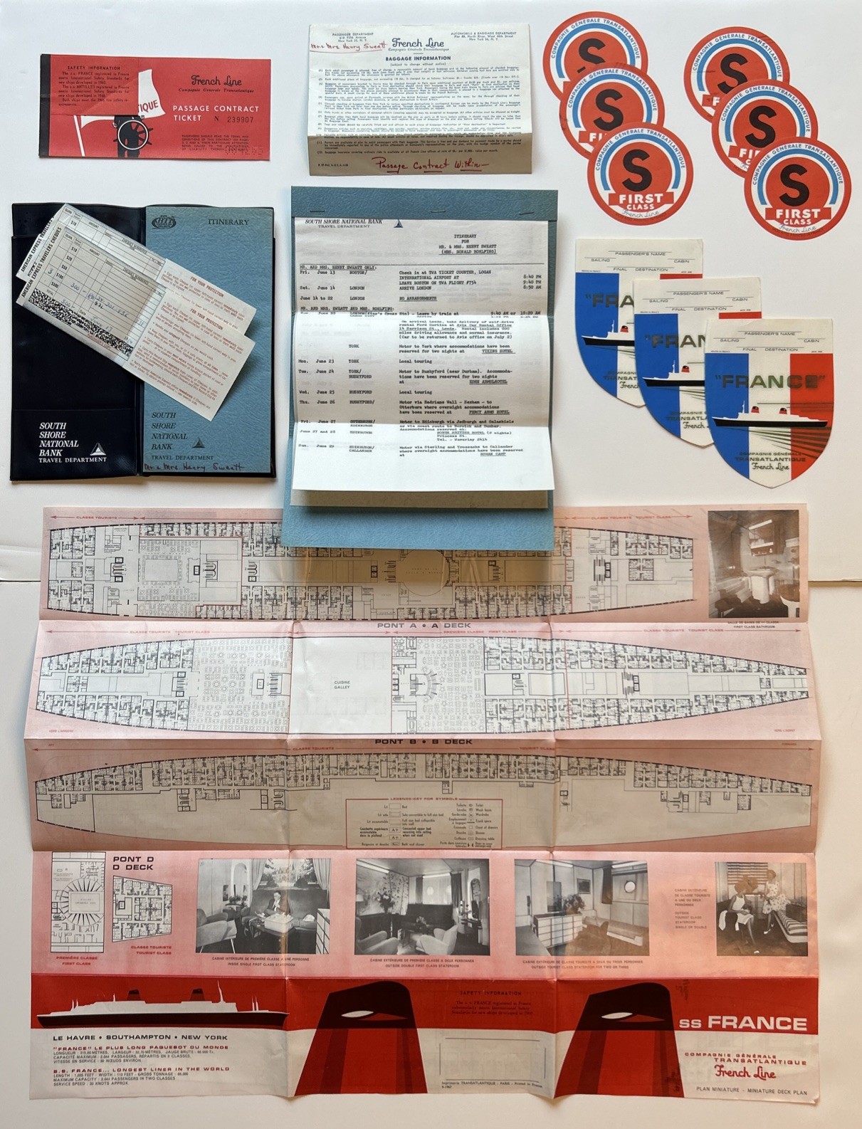 1969 SS France French Line Passenger Travel Archive Deck Plan Tags Documents