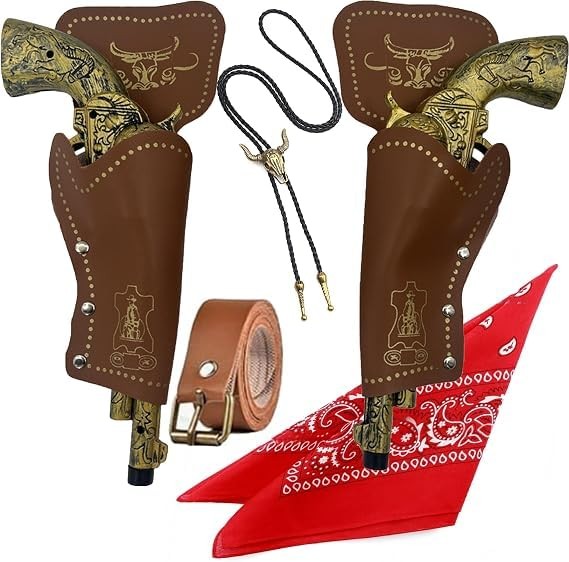 7Pc\'s Cowboy Costume Set for Adults & Teens – 2 Toy Prop with Dual Holsters, Bel