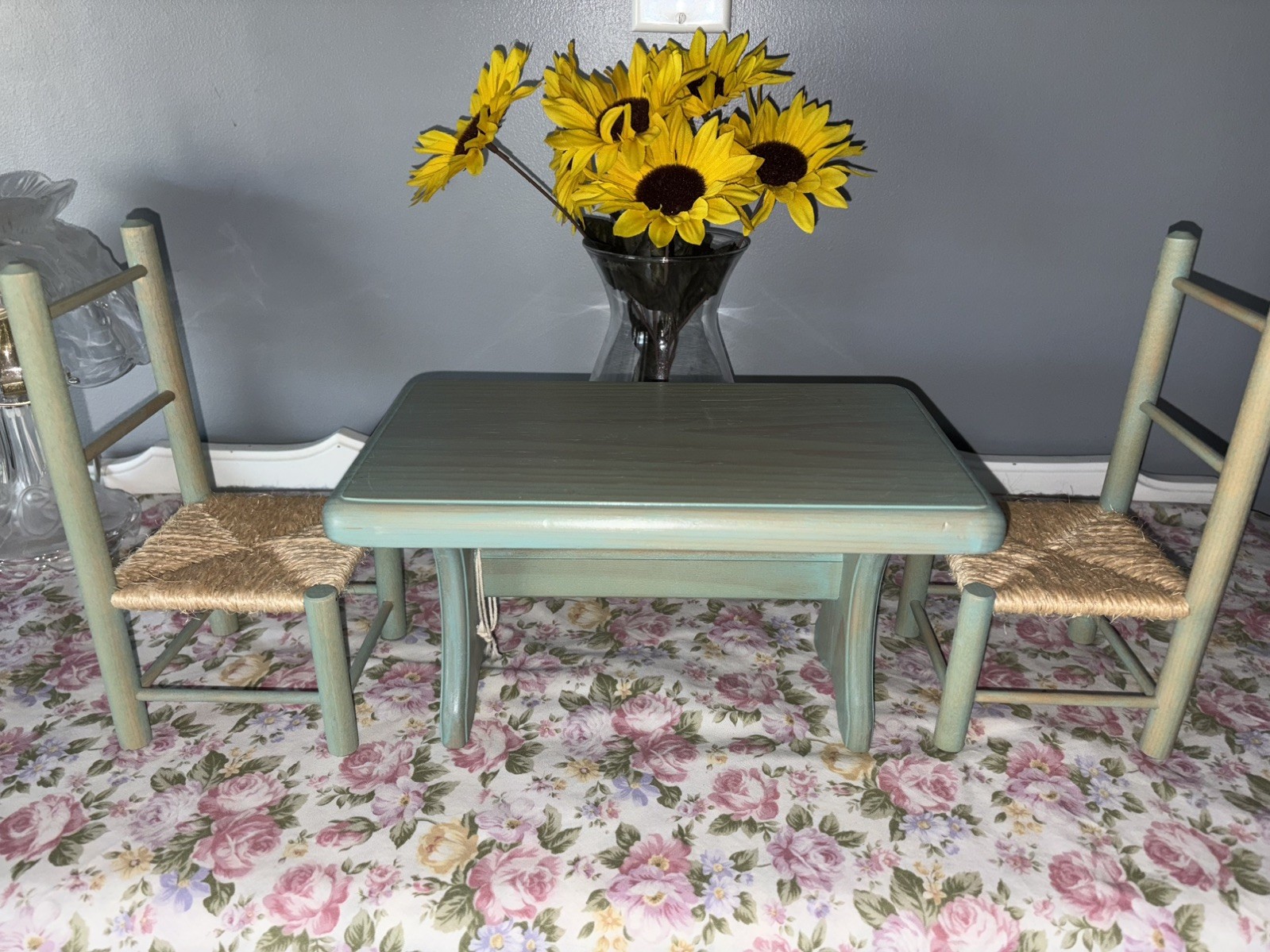 Vtg Mini Wood Doll Dining Set- Green Table & 2 Chairs- Primitive Farmhouse Decor