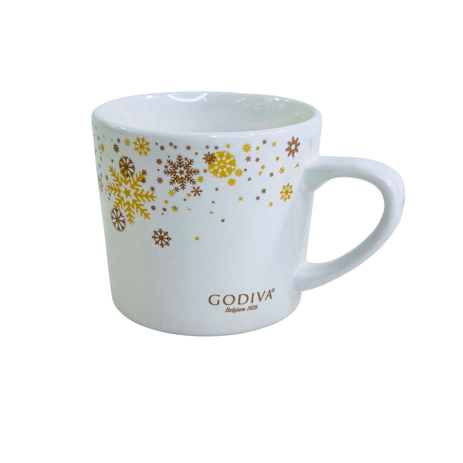 Godiva Belgium 1926 Coffee Mug Gold Bronze Snowflake White Stoneware Holiday Cup Godiva Belgium 1926 Coffee Mug Gold Bronze Snowflake White Stoneware Holiday Cup