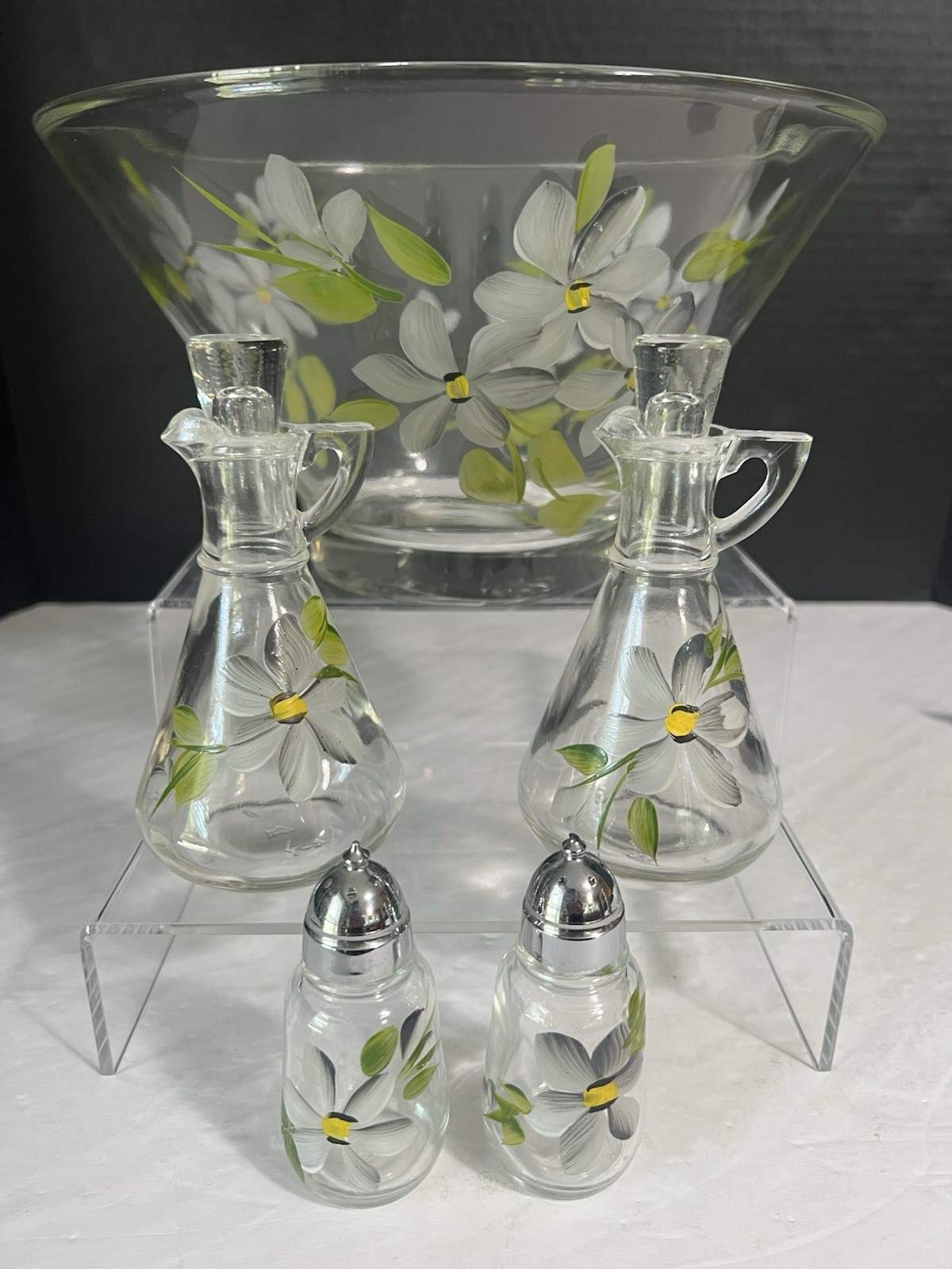 VTG Hazel Atlas Floral Hand Painted Salad Bowl~ Cruets~ Salt&Pepper Shakers~60’s