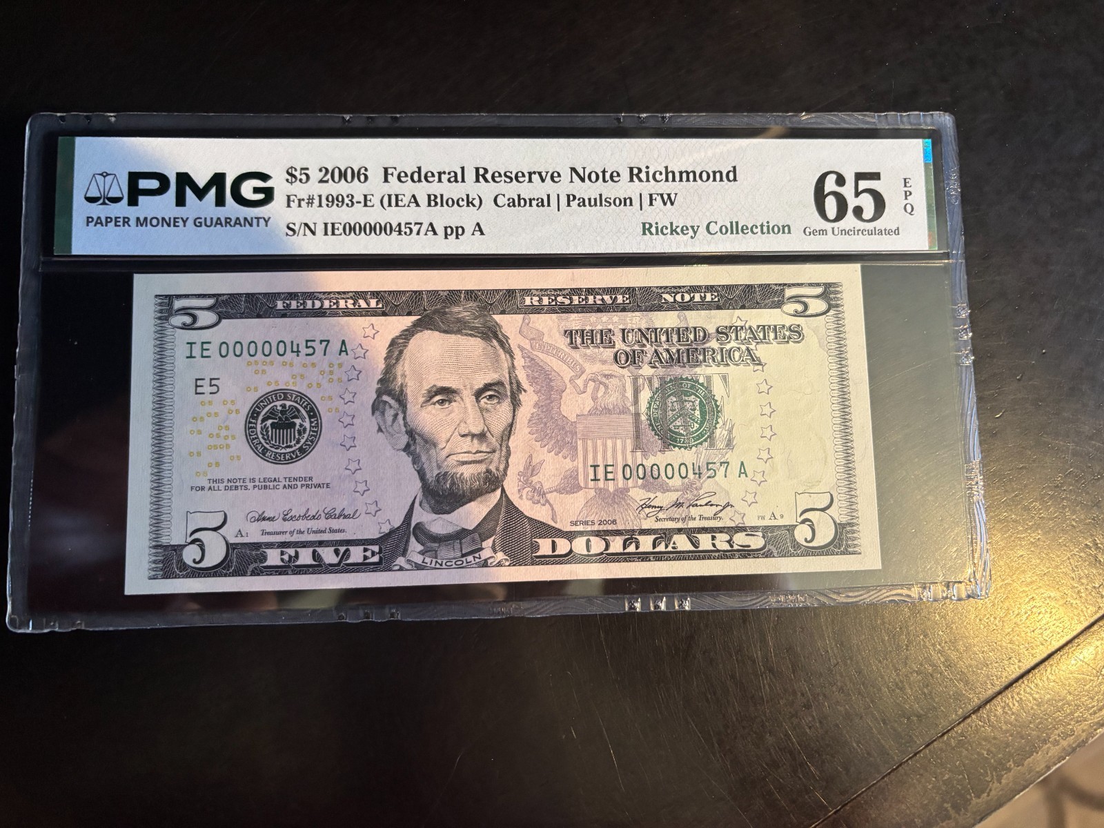 DBR 2006 $5 FRN Richmond Gem Fr. 1993-E PMG 65 EPQ Low Serial IE00000457A