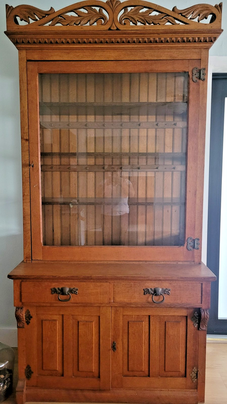 Antique Oak China Cabinet Hutch Carved Glass Display Cupboard Local Pickup