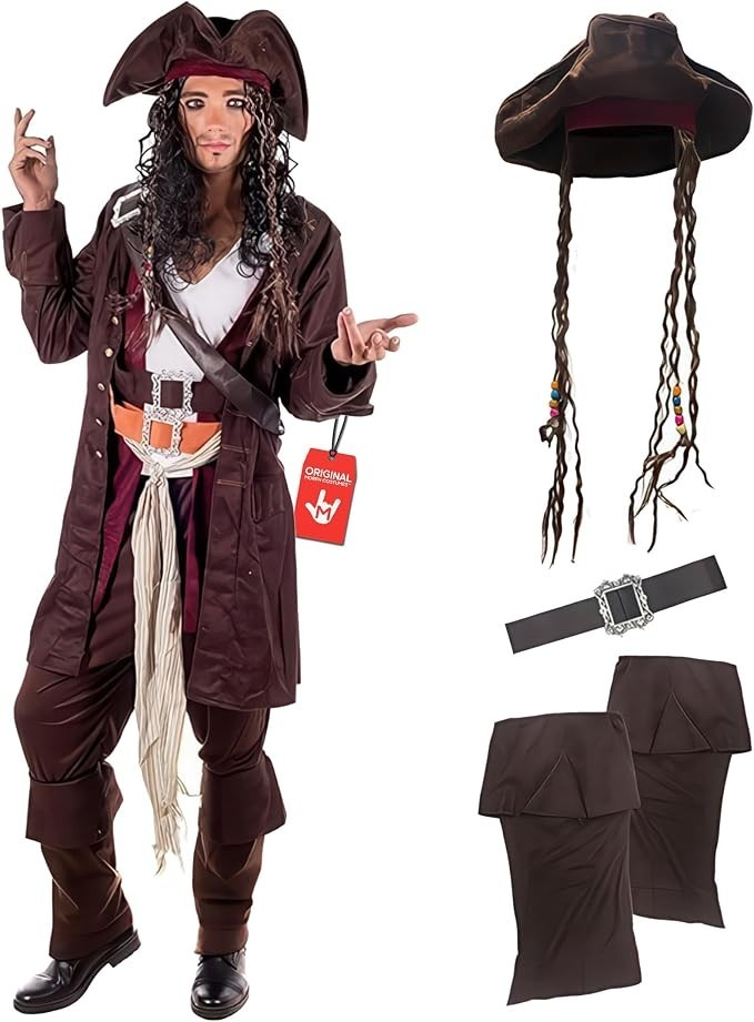 Men`s Caribbean Pirate Captain Costume + Hat + Wig Jack Sparrow M - XL Halloween