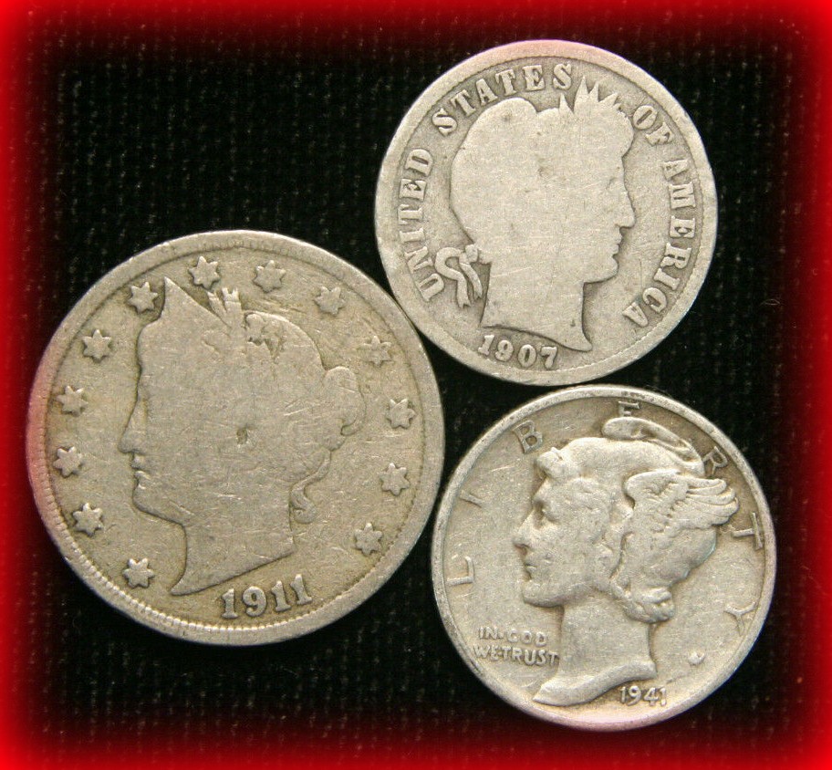Old US Coin Estate Lot Silver Barber Dime Liberty Nickel Mercury Dime 3 Coin Set