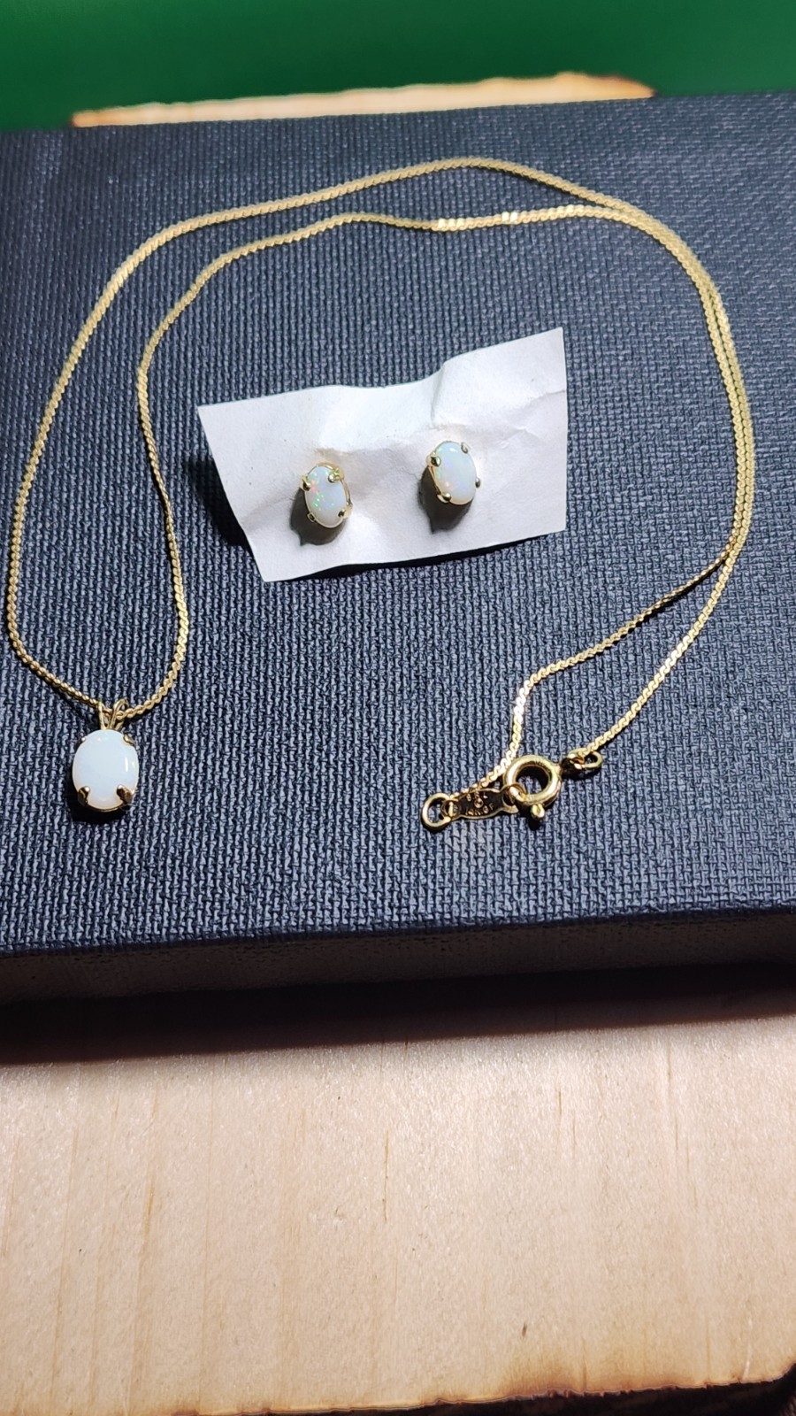 Vintage SRL Signed 14K Gold Filled White Fire Opal Necklace & Earrings Set