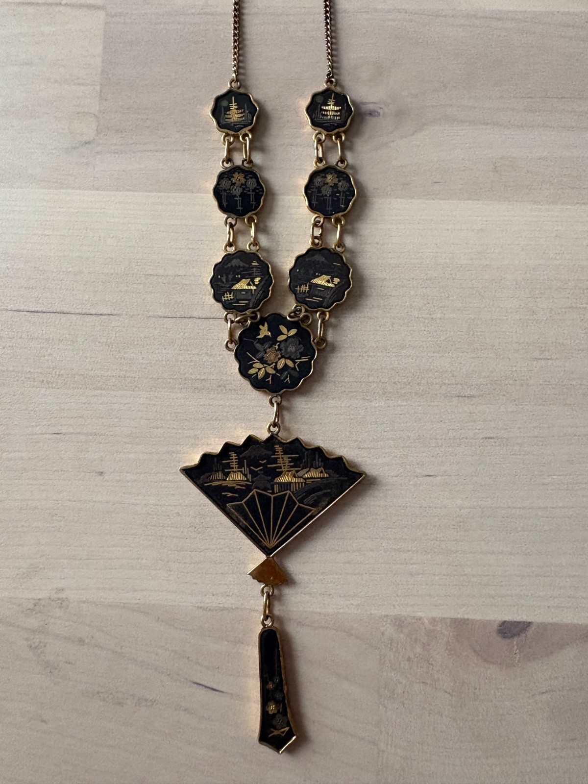 Signed Vintage Amita Japan 24k gold damascene fan pendant necklace mid century