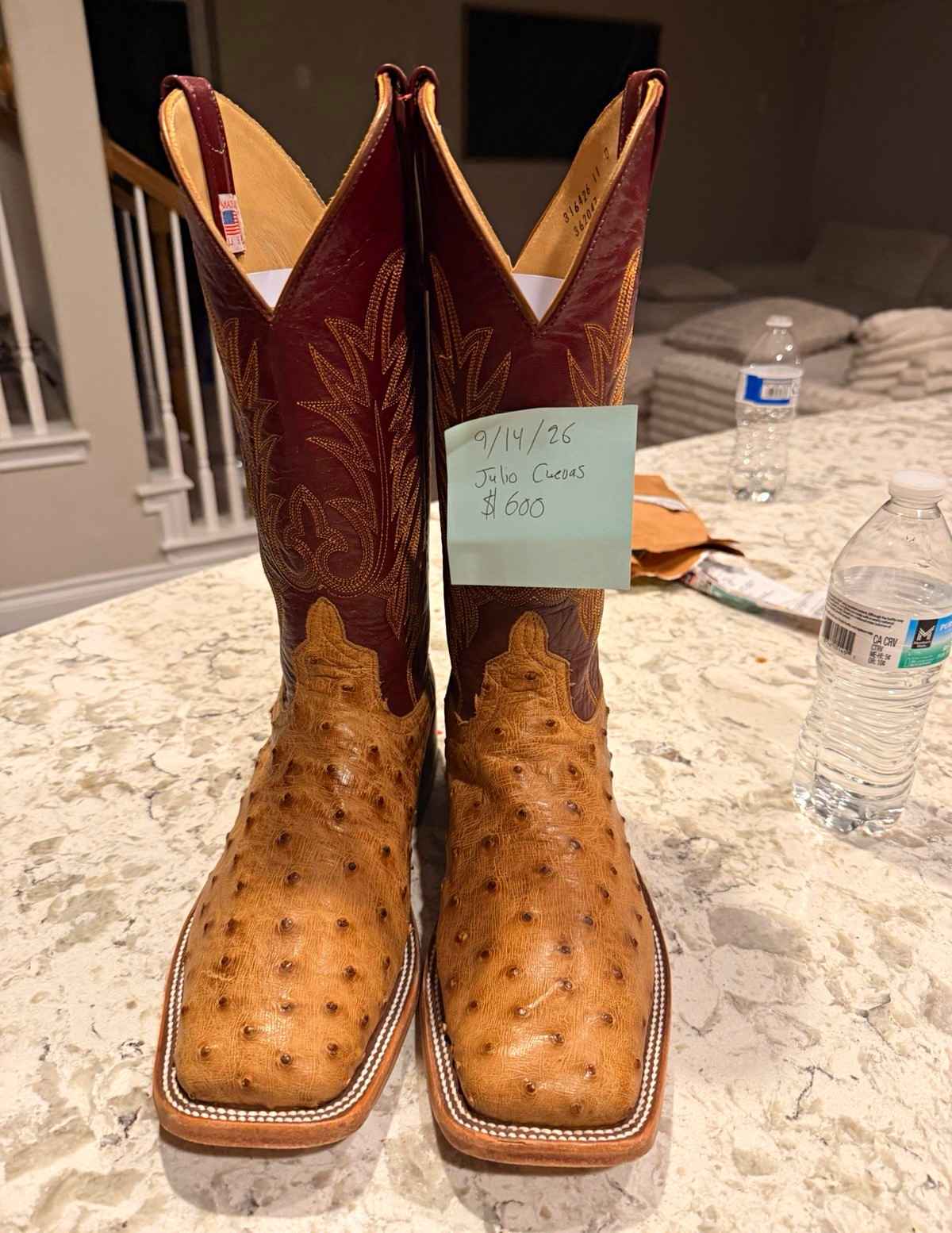 Anderson Bean Men's Ostrich Skin Western Cowboy Boots Tan/Brown US 11