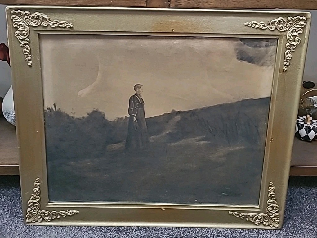 Antique Charcoal Art Lady in Landscape English Late 1800s