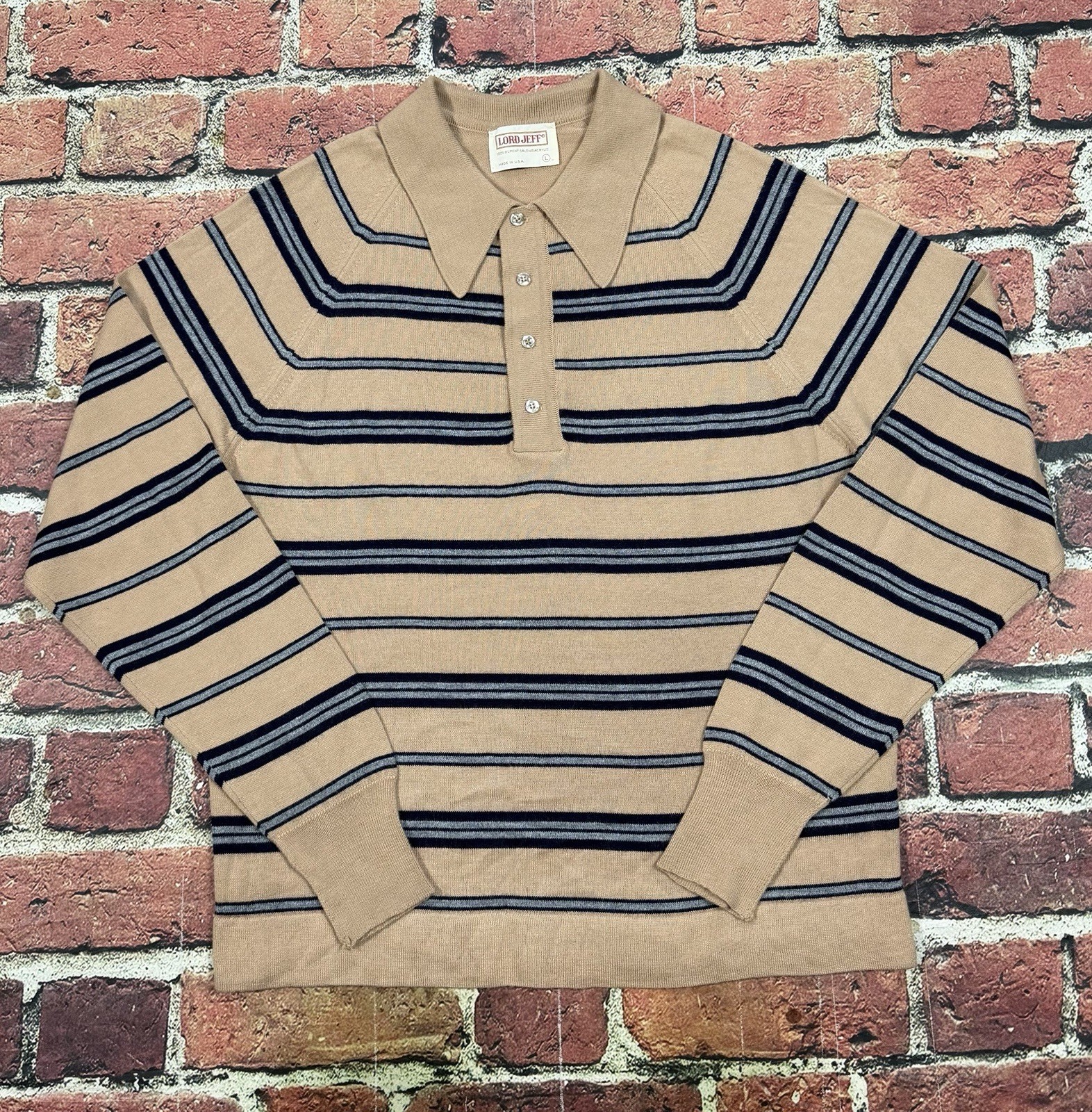 Vintage Lord Jeff Striped Polo Knit Sweater Dagger Collar 60s 70s Mod USA Large